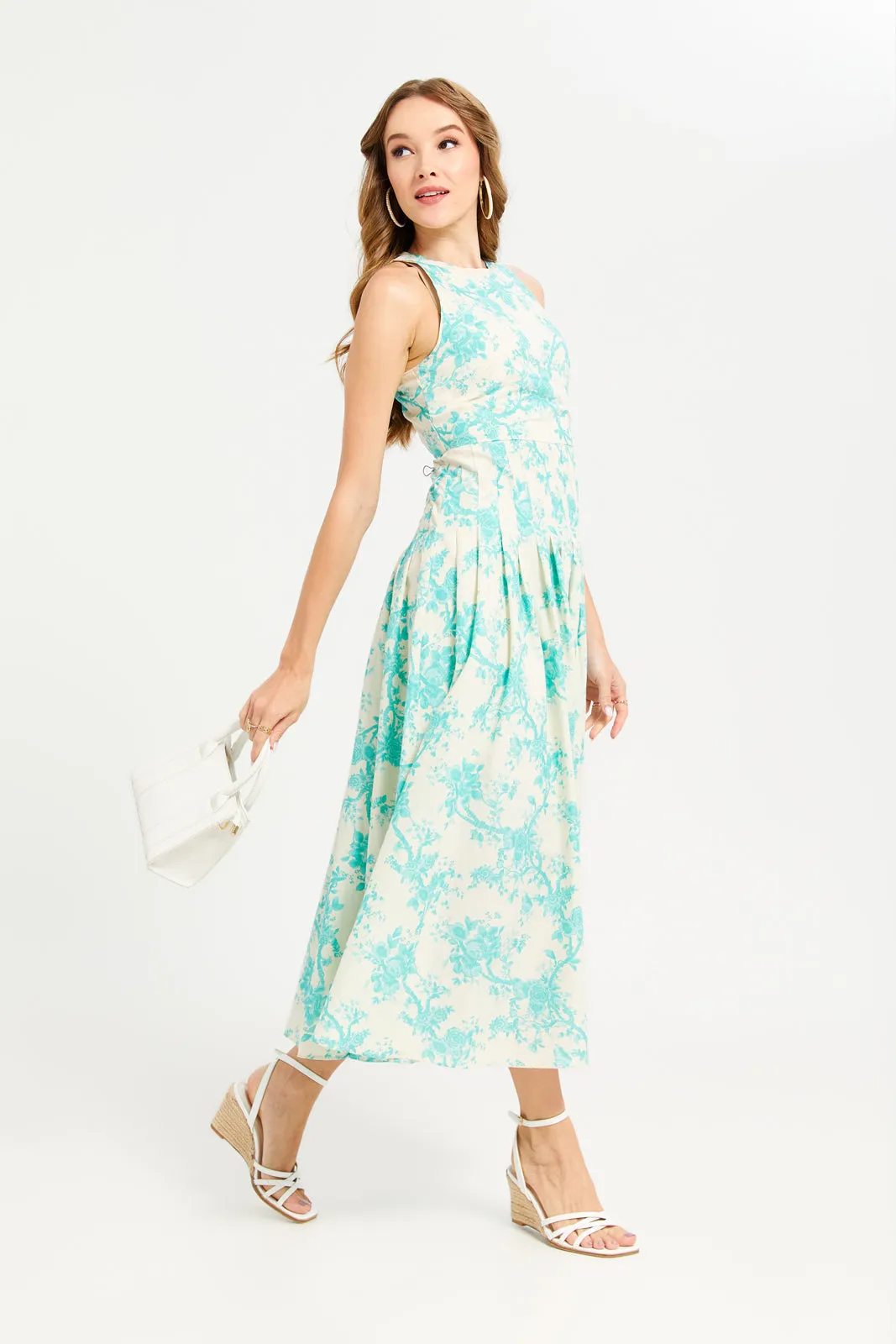 Women Green Printed Sleeveless Long Dress