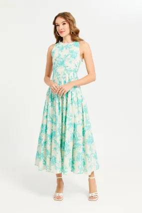 Women Green Printed Sleeveless Long Dress