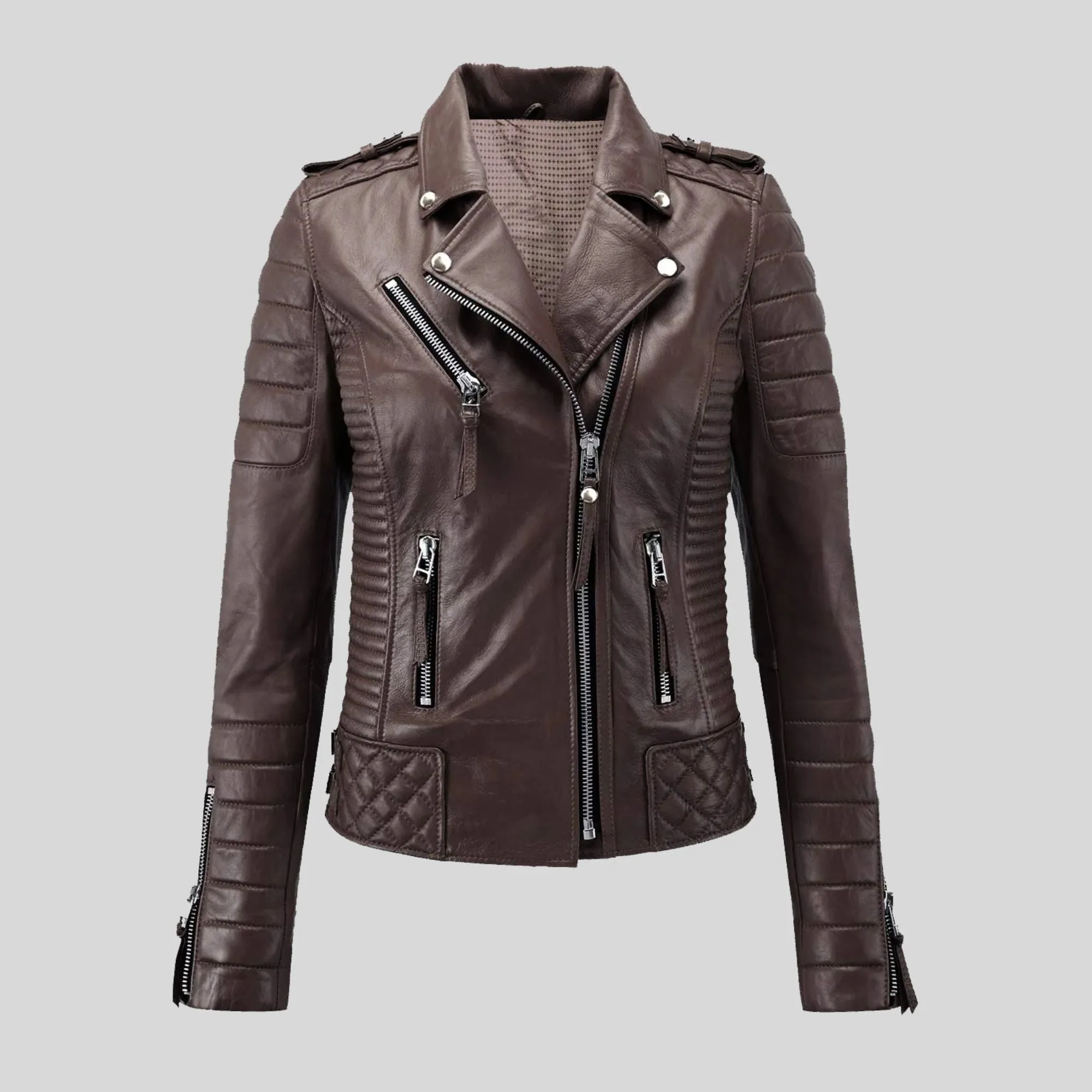 Women Motorcycle Quilted padded Slim fit Biker Genuine Leather Jacket