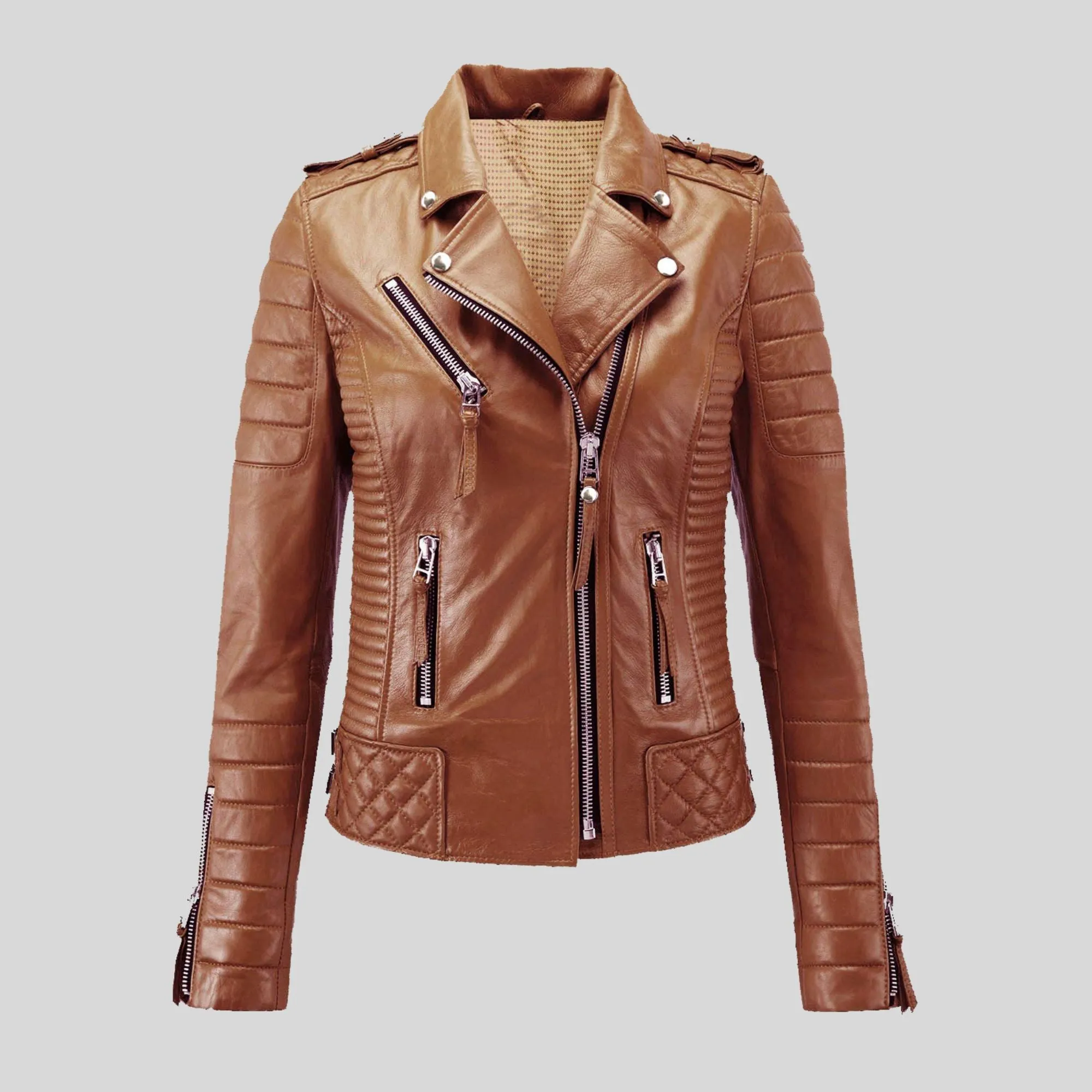 Women Motorcycle Quilted padded Slim fit Biker Genuine Leather Jacket