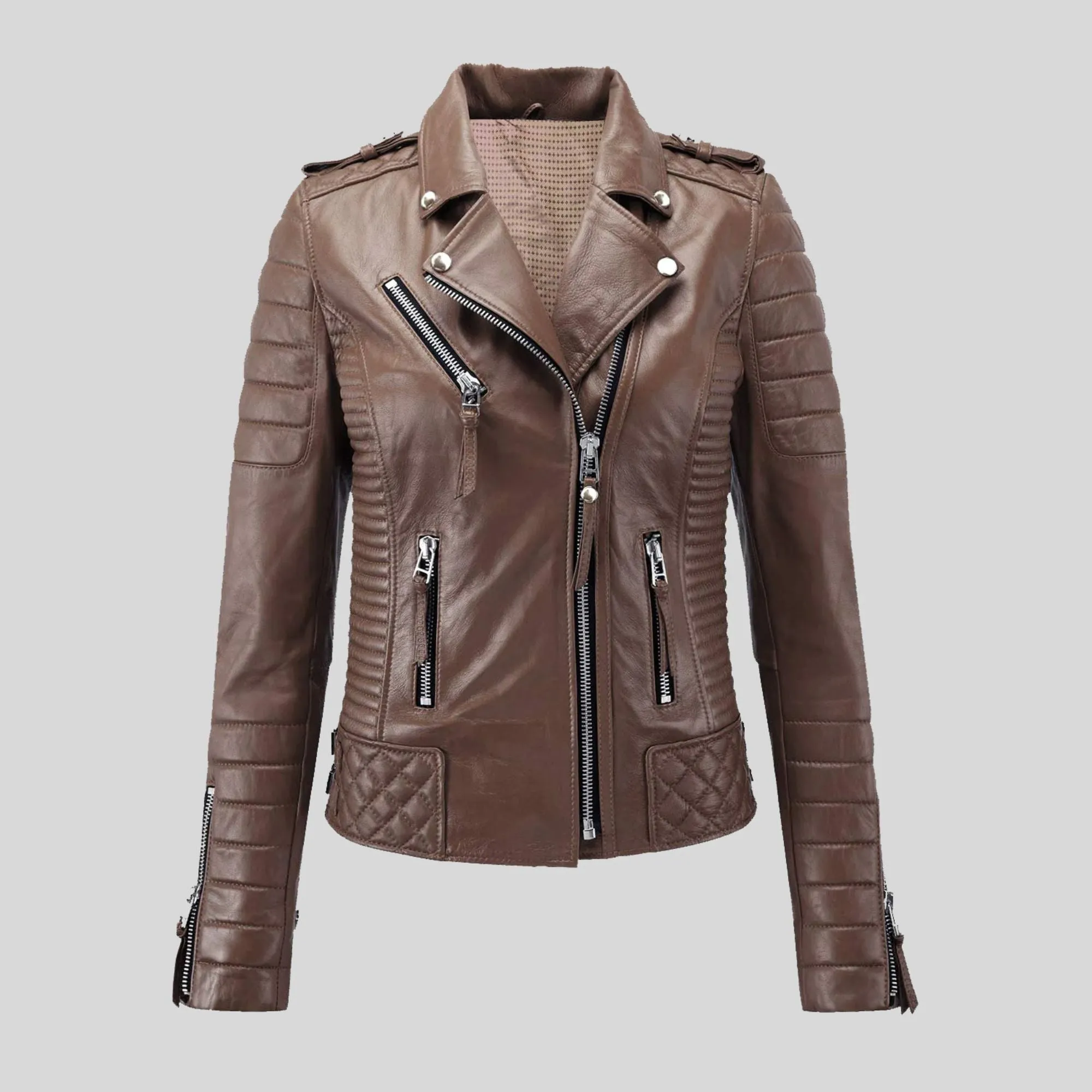 Women Motorcycle Quilted padded Slim fit Biker Genuine Leather Jacket