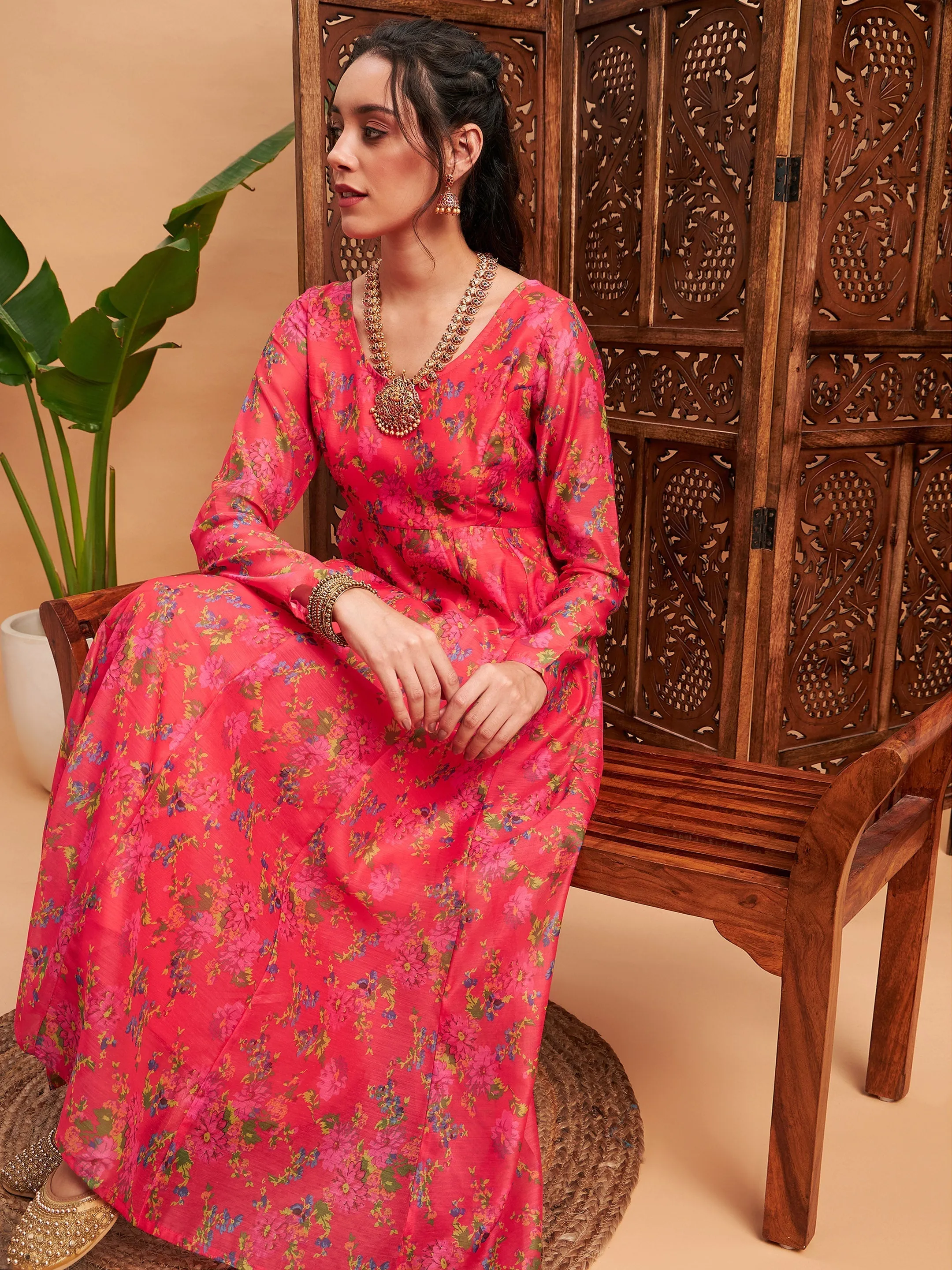 Women Pink Floral Chanderi Anarkali Maxi Kurta