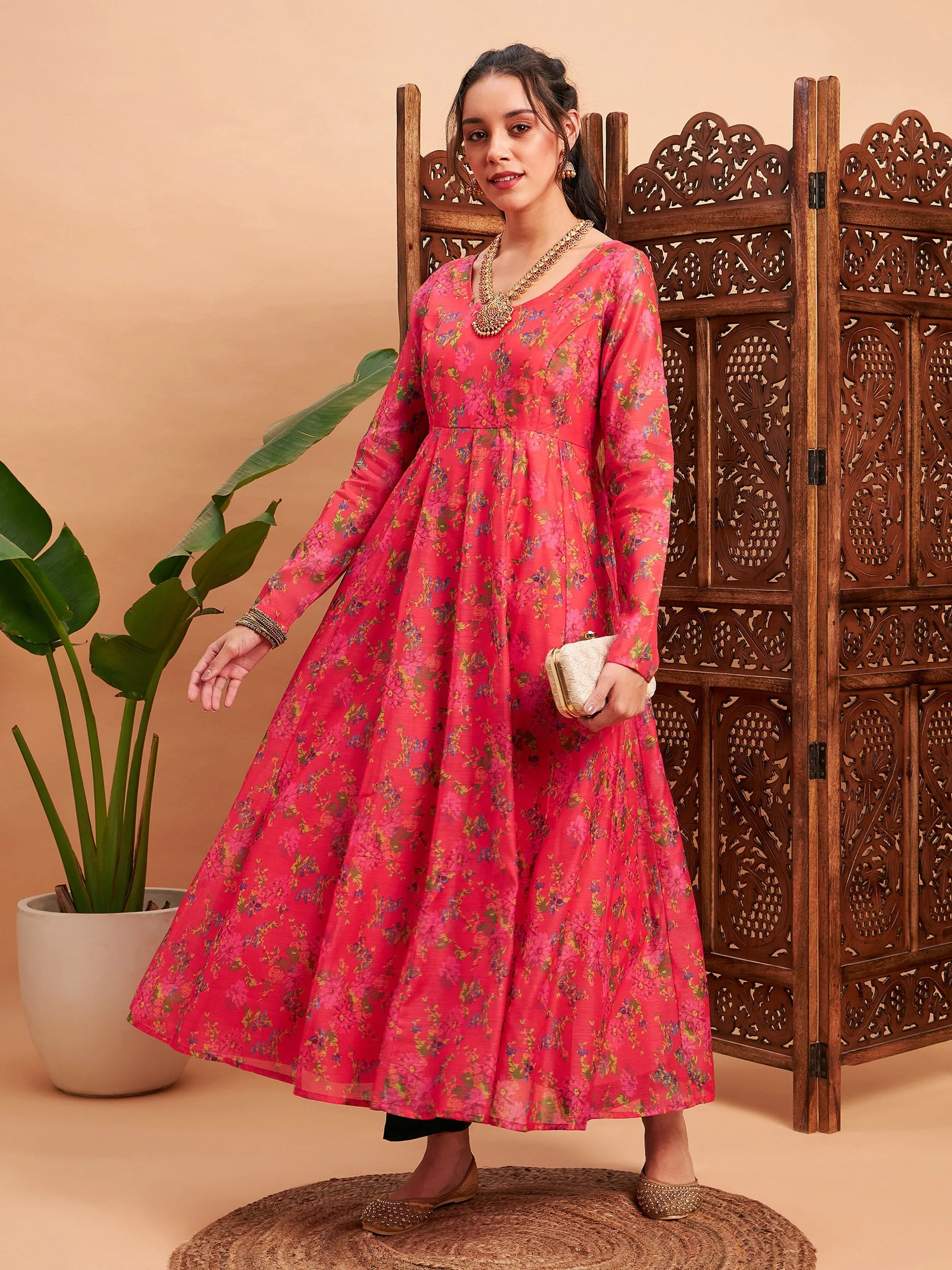 Women Pink Floral Chanderi Anarkali Maxi Kurta