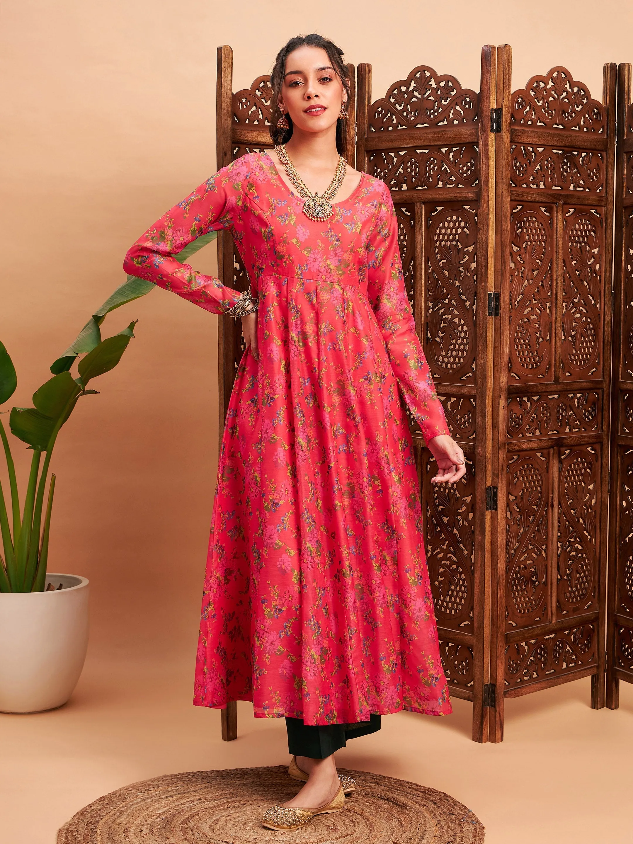 Women Pink Floral Chanderi Anarkali Maxi Kurta