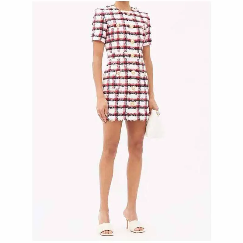 Women Round-Neck Slim Fit Short Sleeves Woolen Checkered Cocktail Dress