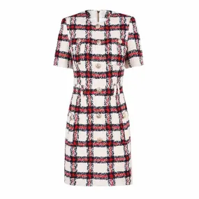 Women Round-Neck Slim Fit Short Sleeves Woolen Checkered Cocktail Dress