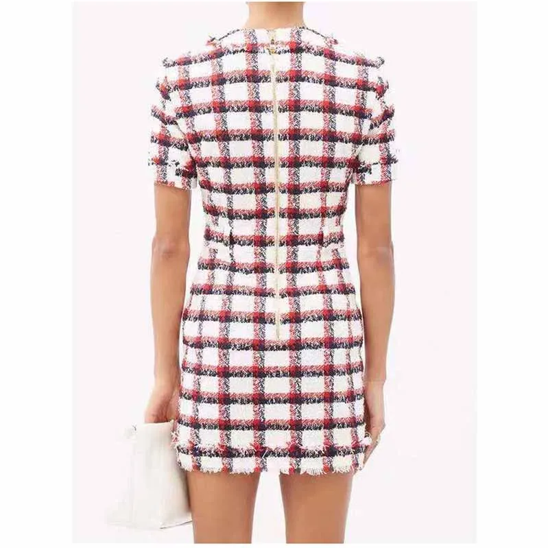 Women Round-Neck Slim Fit Short Sleeves Woolen Checkered Cocktail Dress