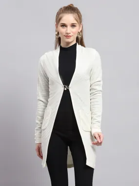 Women White Self Design Front Open Full Sleeve Cardigan