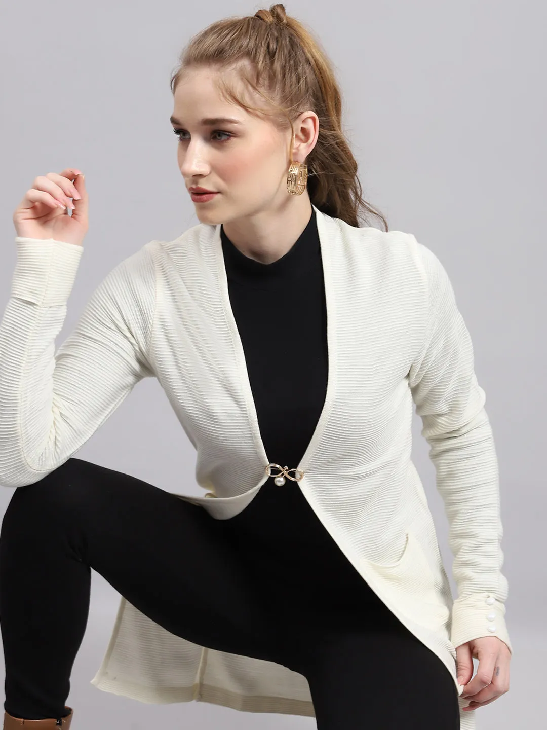 Women White Self Design Front Open Full Sleeve Cardigan