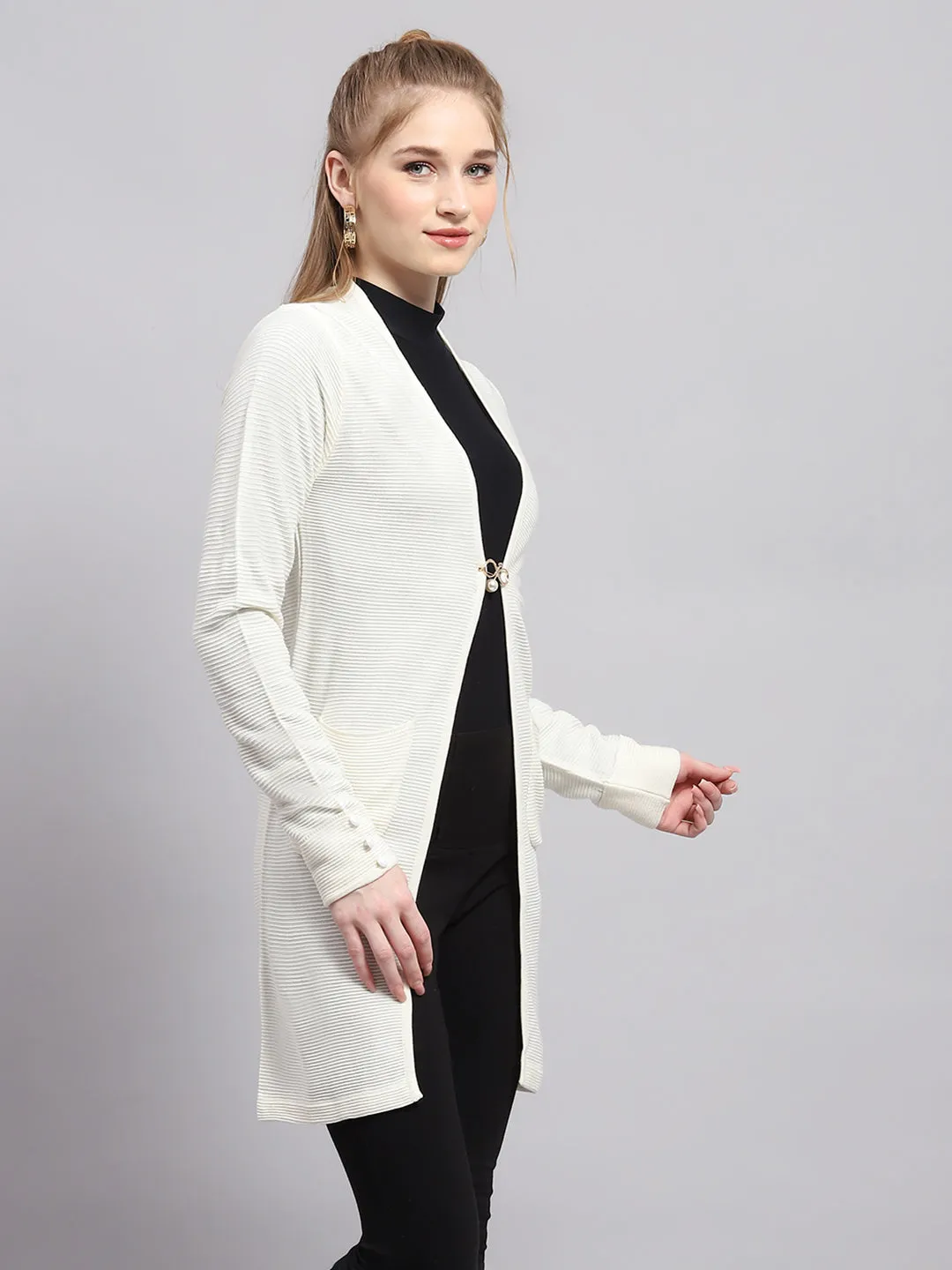 Women White Self Design Front Open Full Sleeve Cardigan