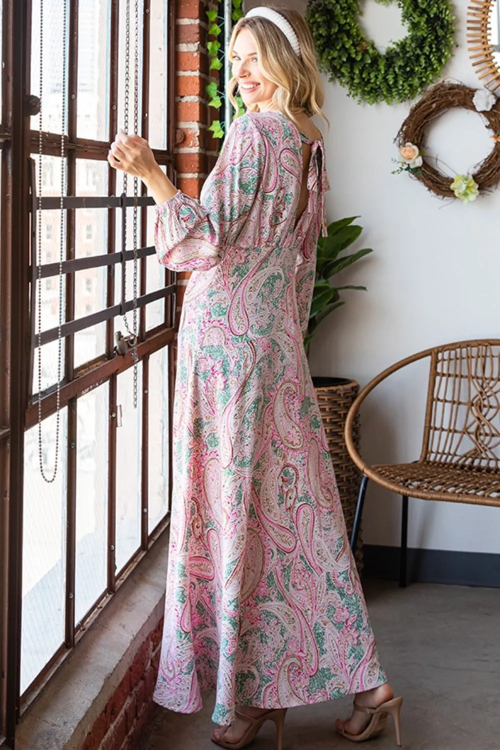 Women's First Love Paisley Print Tie-Back Long Sleeve Maxi Dress