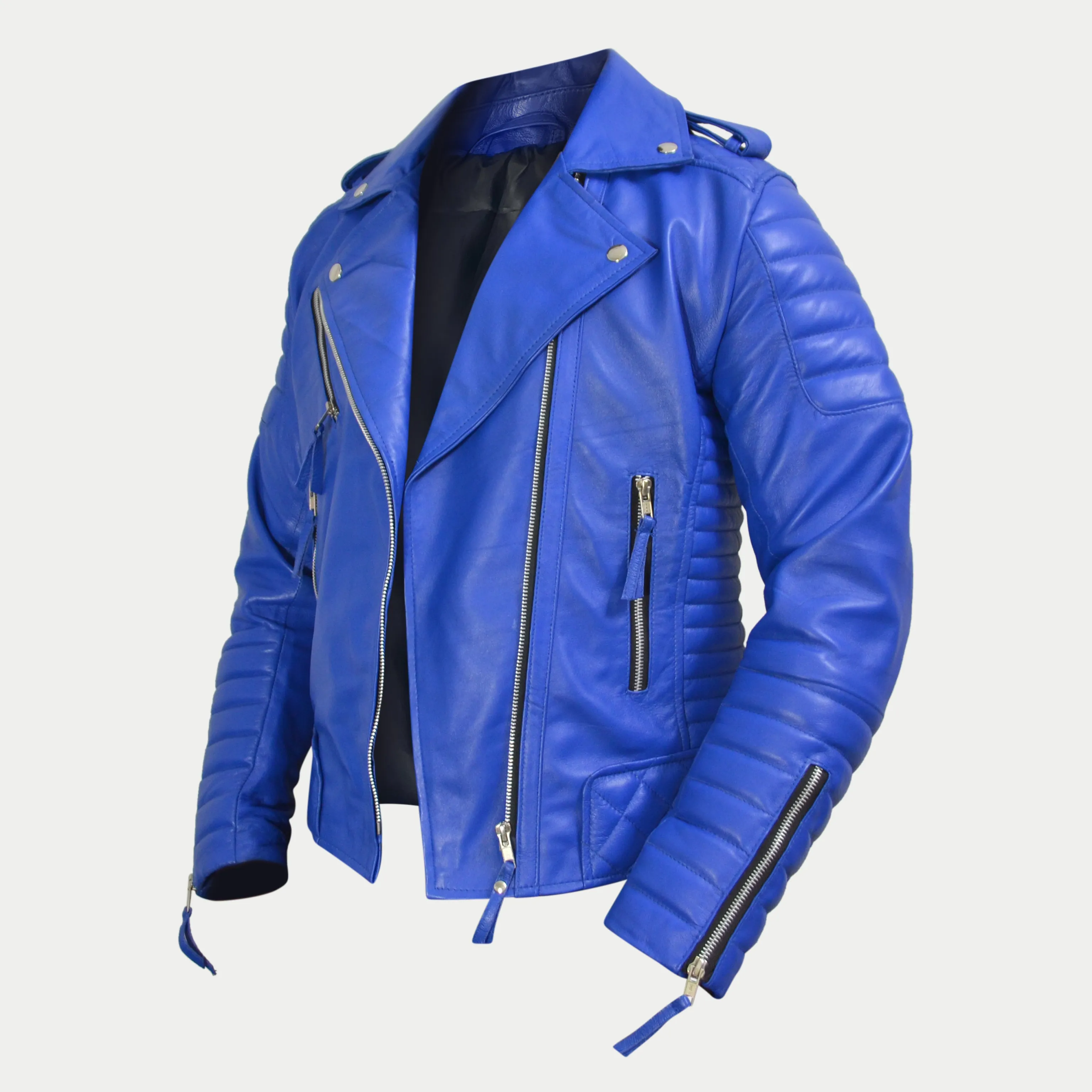 Women's Light-Blue Padded Motorcycle Genuine Leather Biker Jacket