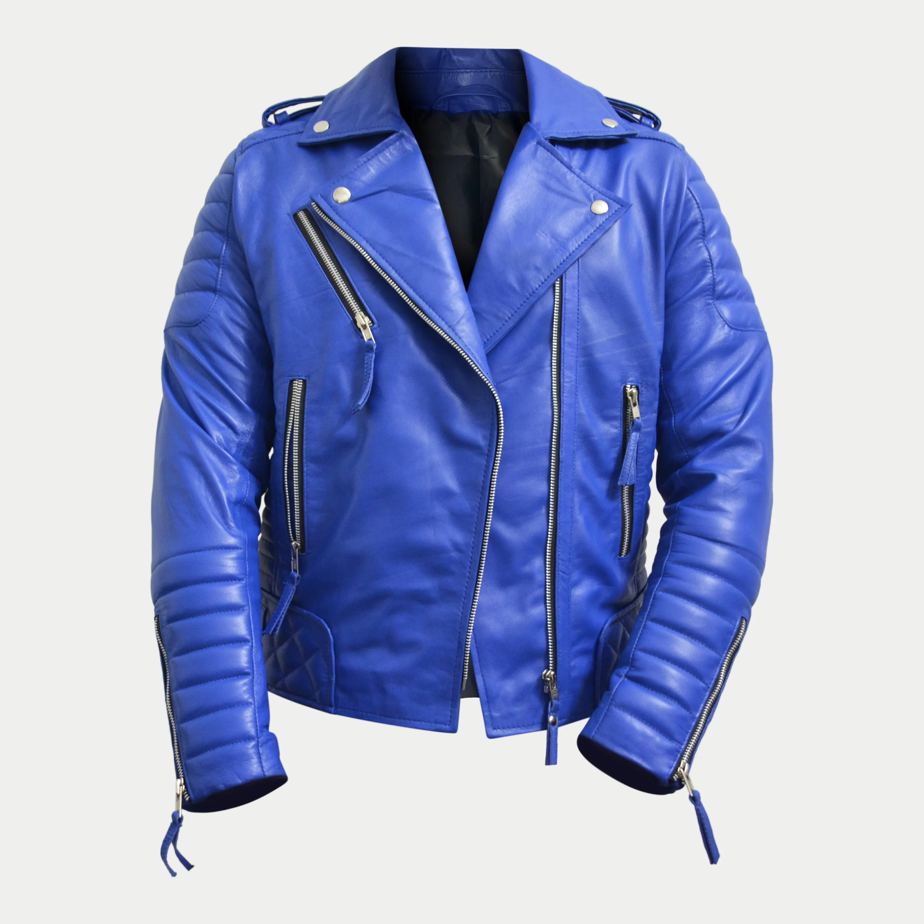 Women's Light-Blue Padded Motorcycle Genuine Leather Biker Jacket