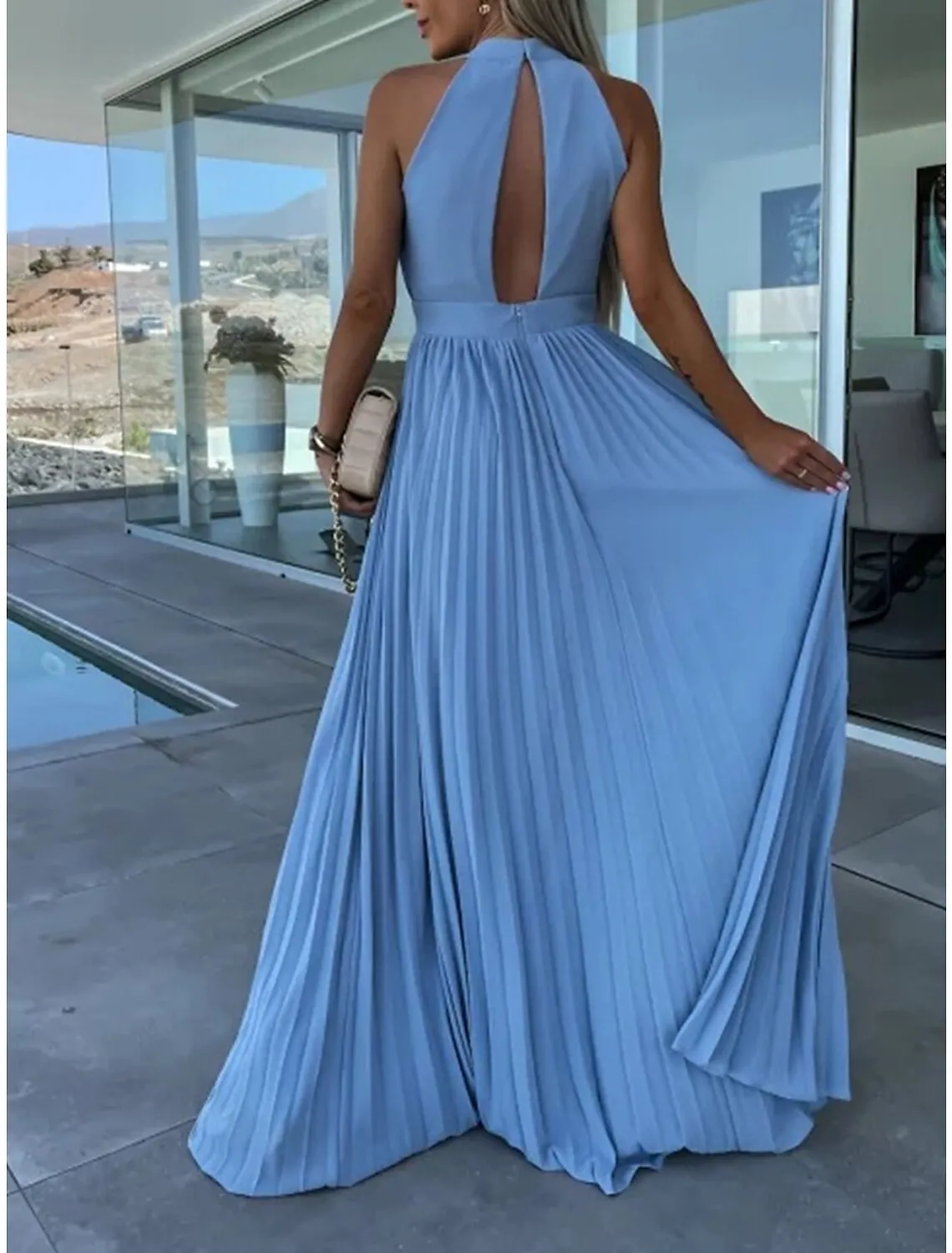 Women's Long Dress Maxi Dress Party Dress Casual Dress Summer Dress Pure Color Streetwear Casual Outdoor Holiday Going out Ruched Pleated Sleeveless Halter Neck Dress Slim Pink Blue Summer Spring