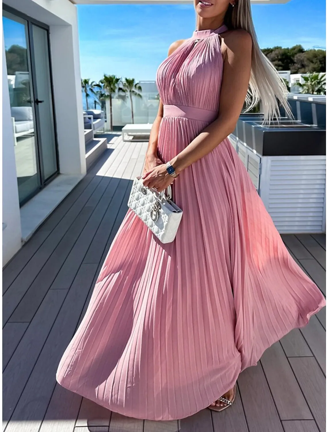 Women's Long Dress Maxi Dress Party Dress Casual Dress Summer Dress Pure Color Streetwear Casual Outdoor Holiday Going out Ruched Pleated Sleeveless Halter Neck Dress Slim Pink Blue Summer Spring