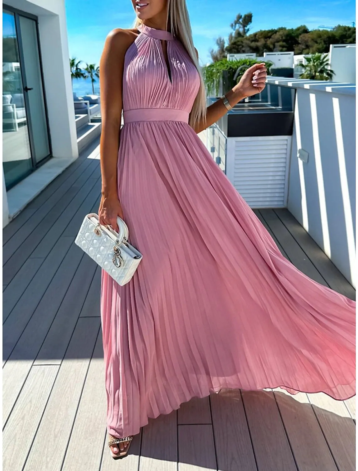 Women's Long Dress Maxi Dress Party Dress Casual Dress Summer Dress Pure Color Streetwear Casual Outdoor Holiday Going out Ruched Pleated Sleeveless Halter Neck Dress Slim Pink Blue Summer Spring