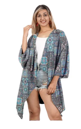 Women's Open Front Boho Style Non Sheer Cardigan Cover up  With Hawaiian Tribal Print