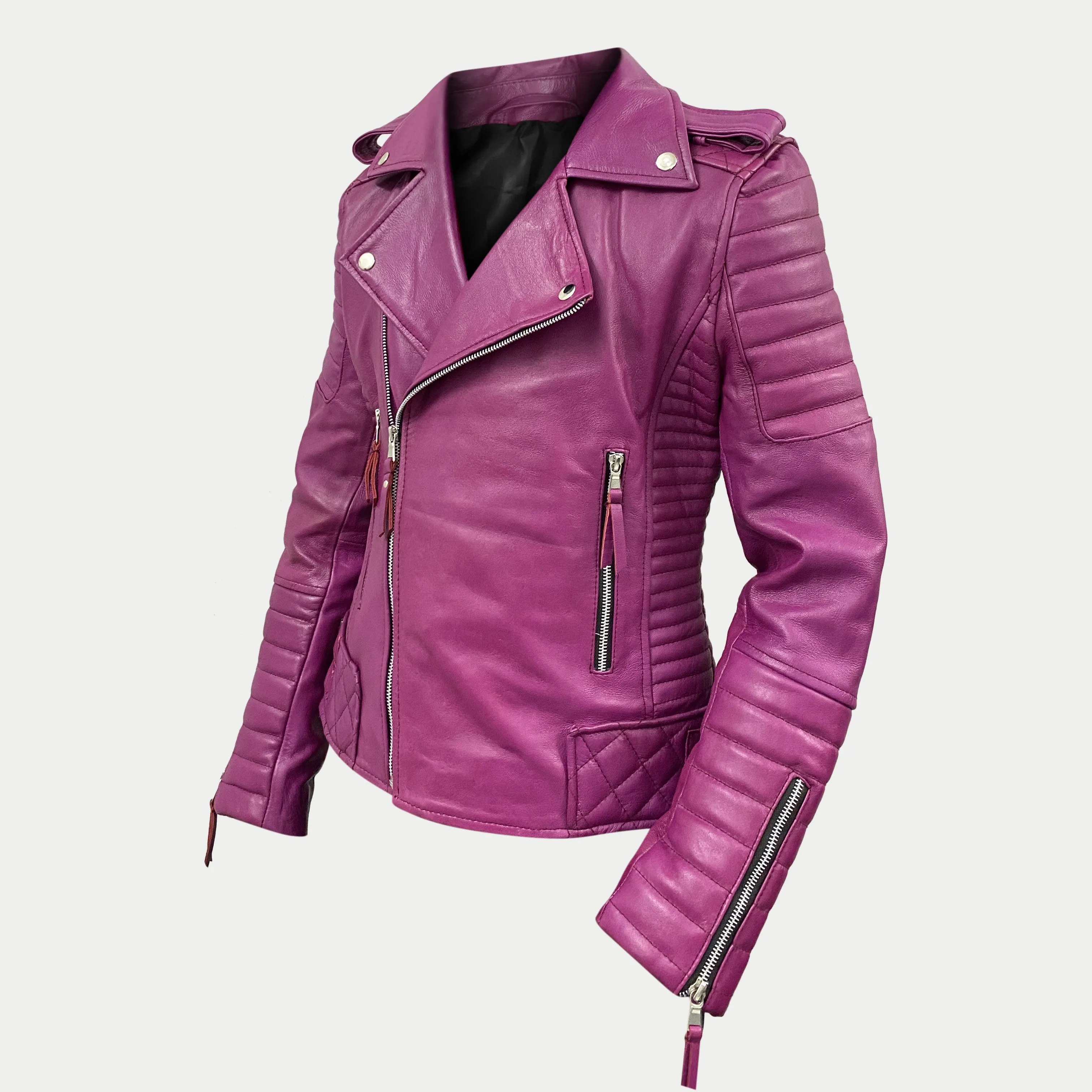 Women's Pink Padded Motorcycle Genuine Leather Biker Jacket