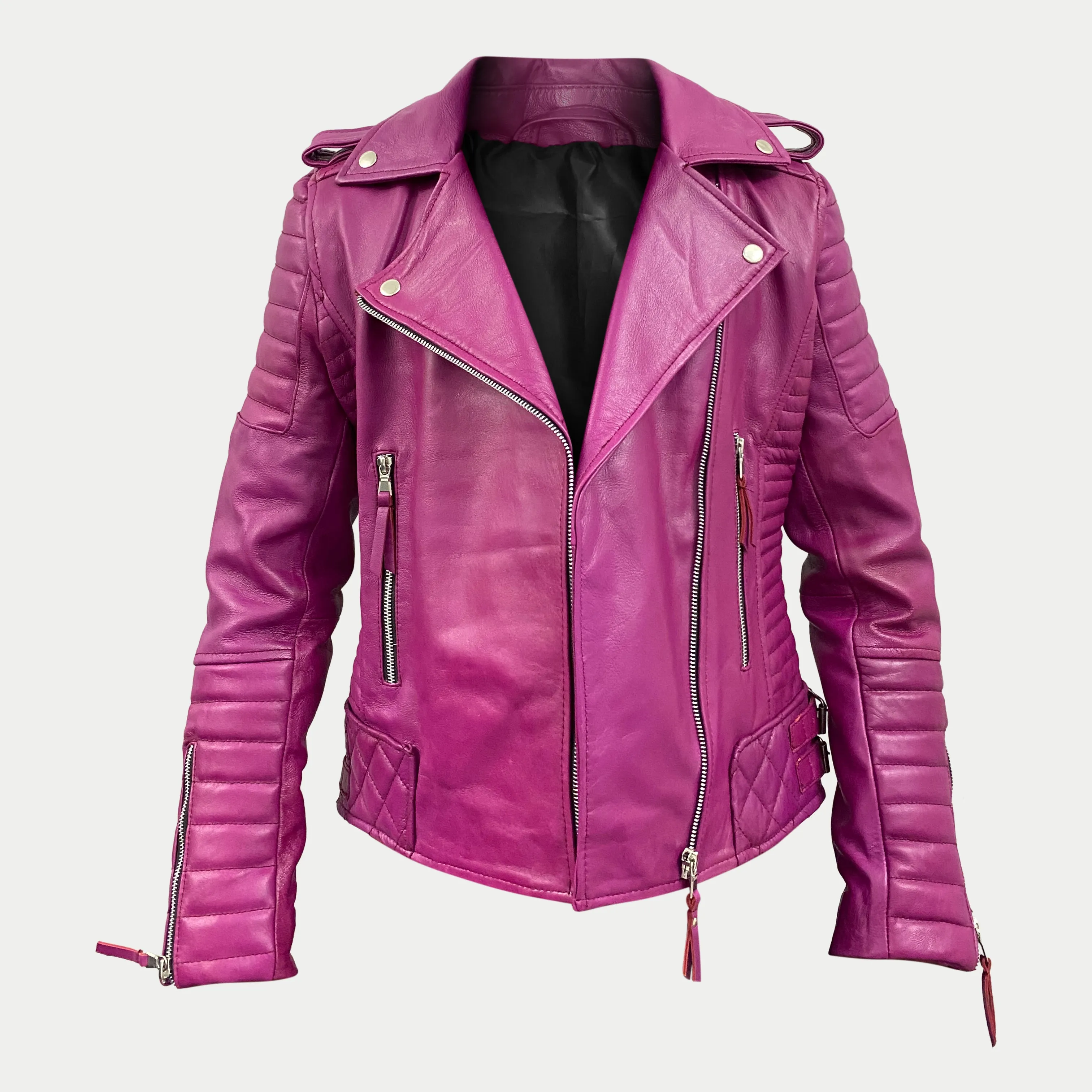 Women's Pink Padded Motorcycle Genuine Leather Biker Jacket