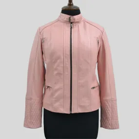 Women's Quilted Cuffs Light Pink Genuine Leather Cafe Racer Motorcycle Jacket