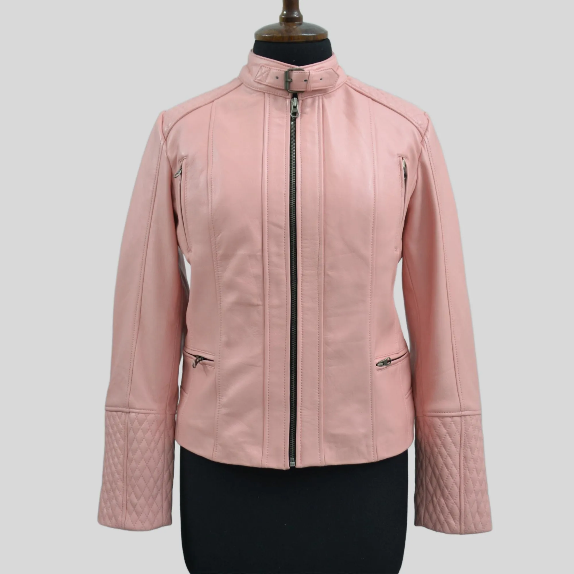 Women's Quilted Cuffs Light Pink Genuine Leather Cafe Racer Motorcycle Jacket