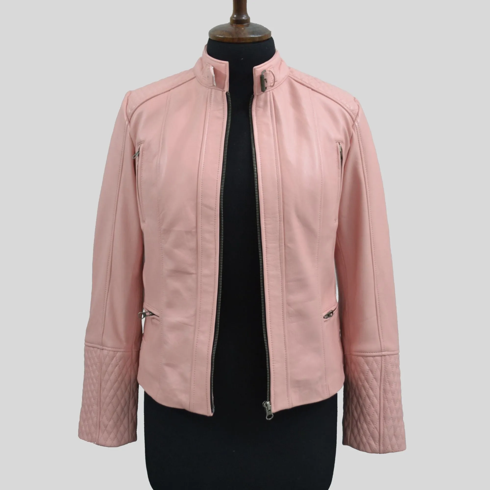 Women's Quilted Cuffs Light Pink Genuine Leather Cafe Racer Motorcycle Jacket