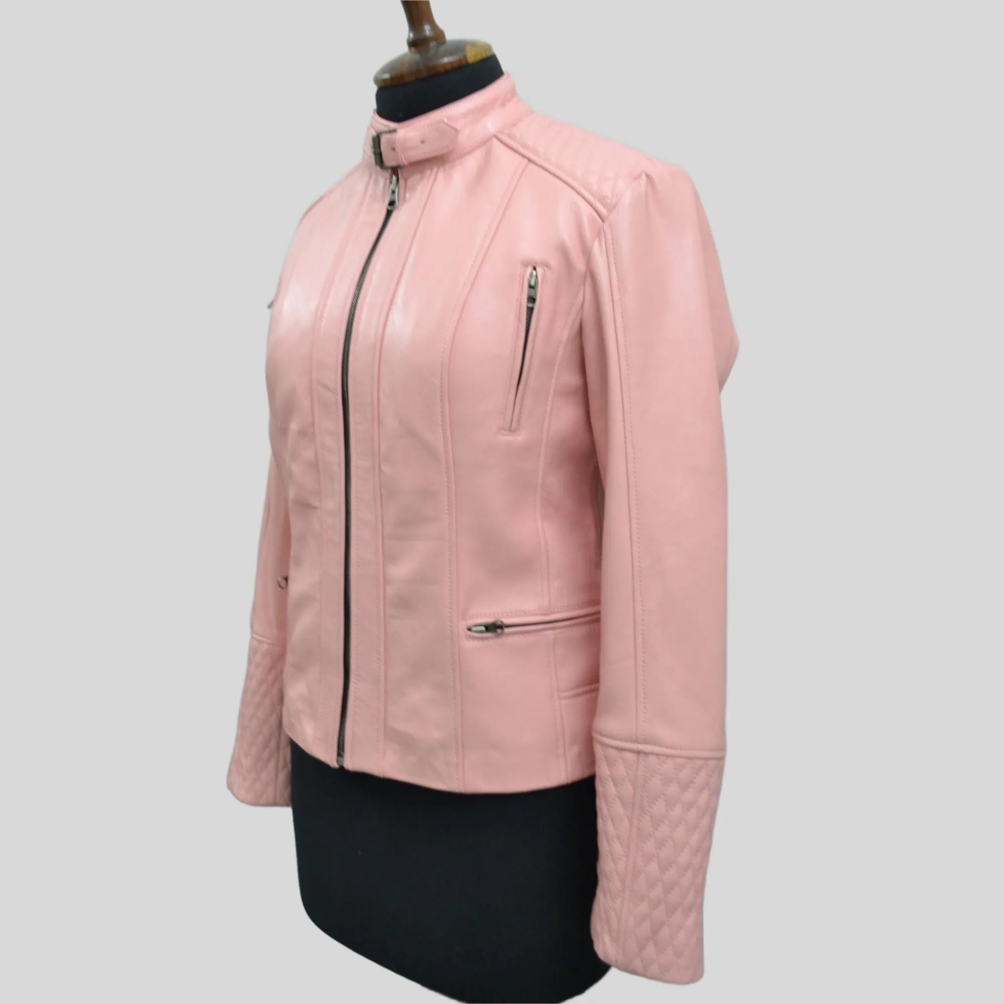 Women's Quilted Cuffs Light Pink Genuine Leather Cafe Racer Motorcycle Jacket