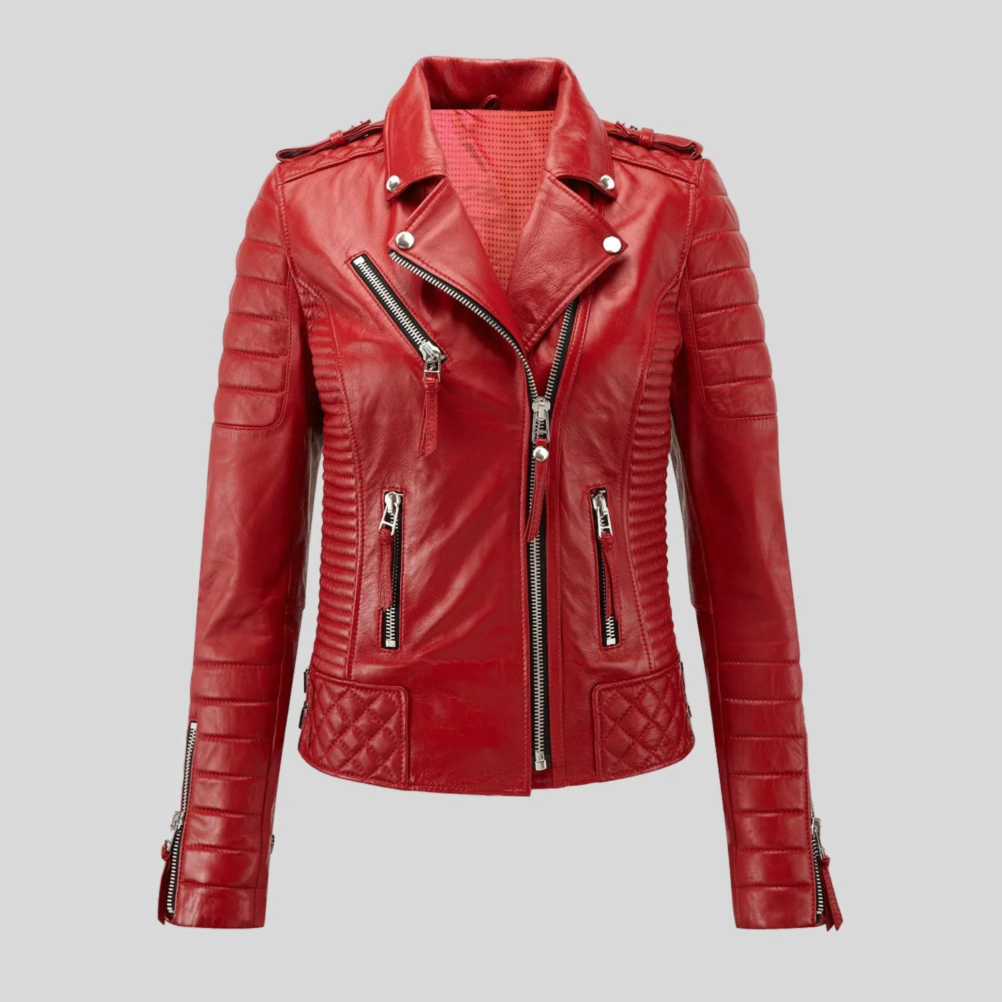 Womens Quilted padded Motorcycle Biker Genuine Leather Jacket