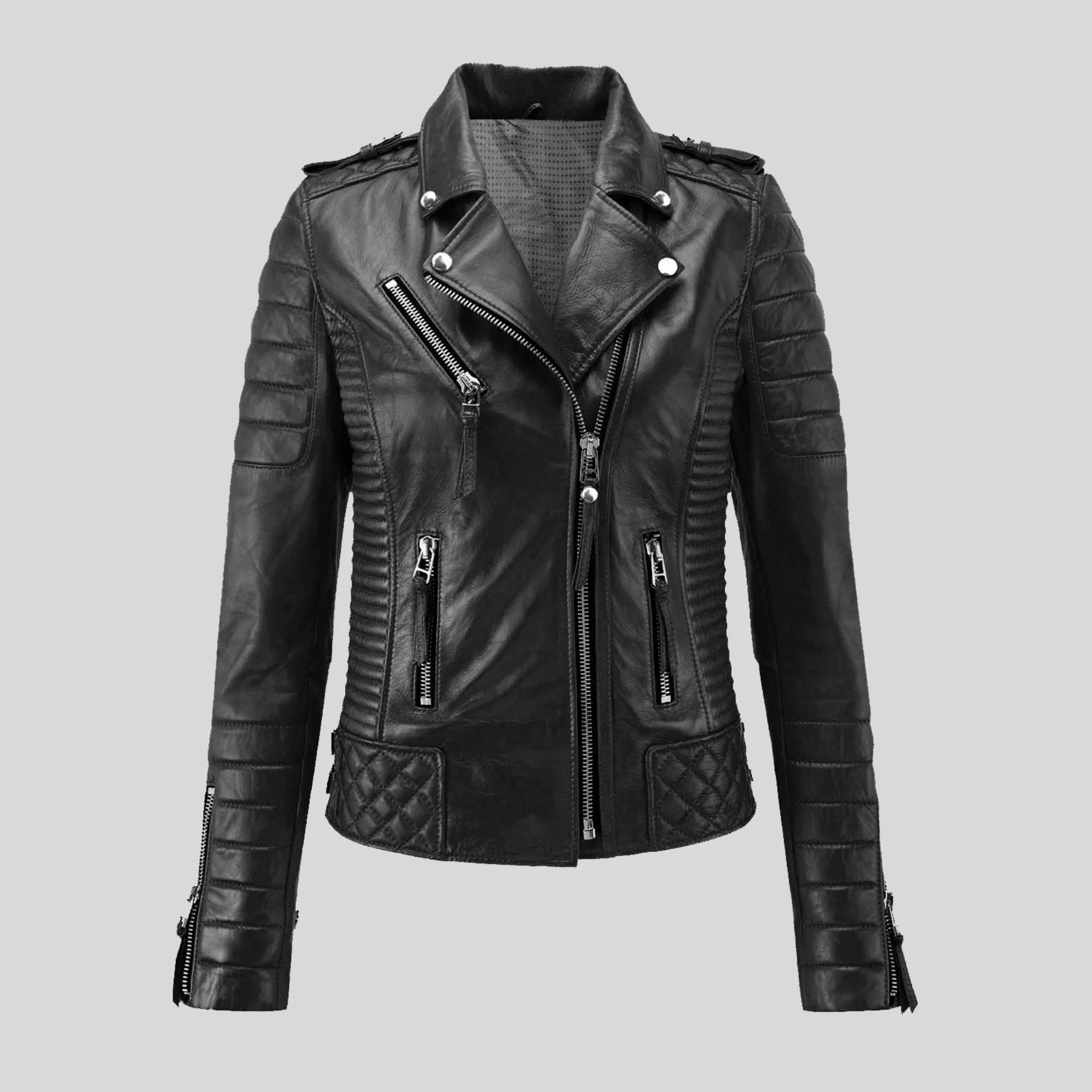 Womens Quilted padded Motorcycle Biker Genuine Leather Jacket