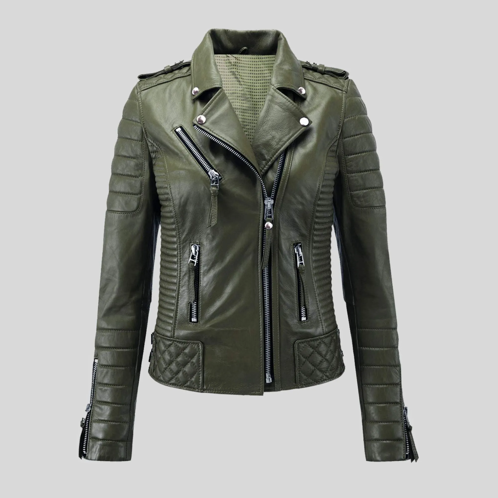 Womens Quilted padded Motorcycle Biker Genuine Leather Jacket