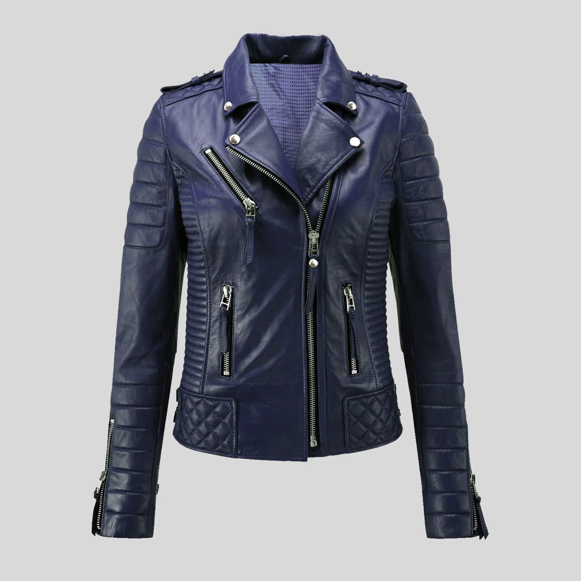 Womens Quilted padded Motorcycle Biker Genuine Leather Jacket