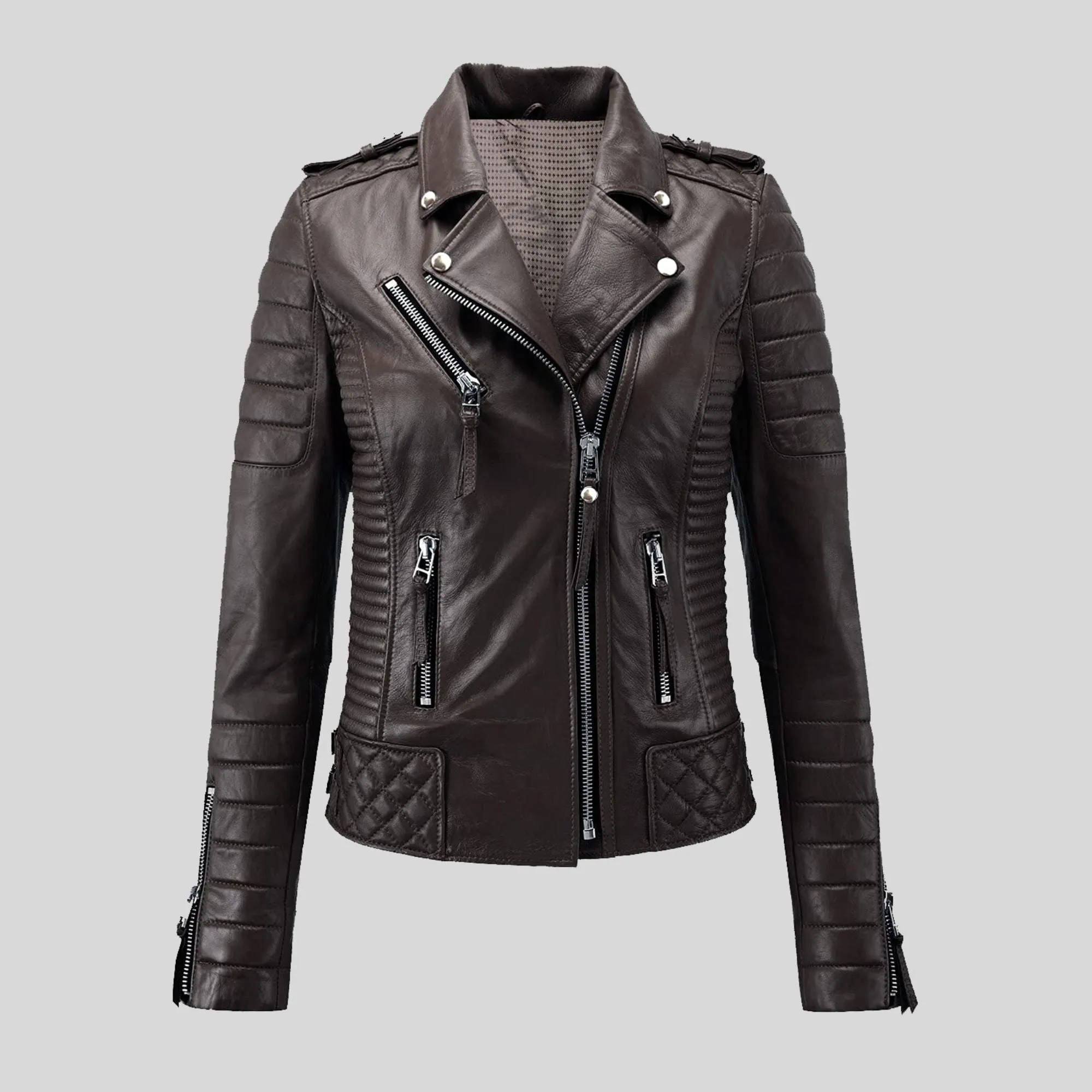 Womens Quilted padded Motorcycle Biker Genuine Leather Jacket