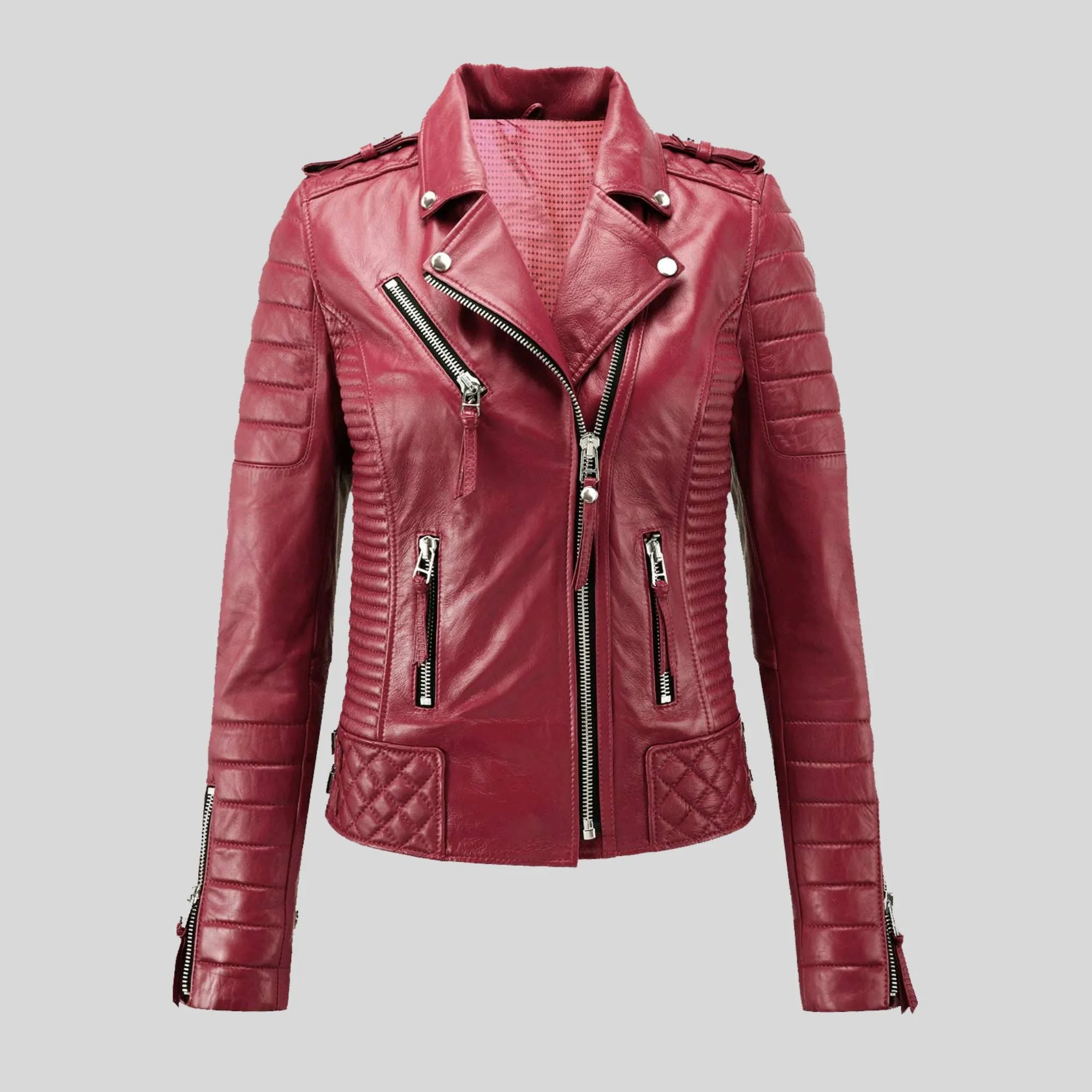 Womens Quilted padded Motorcycle Biker Genuine Leather Jacket