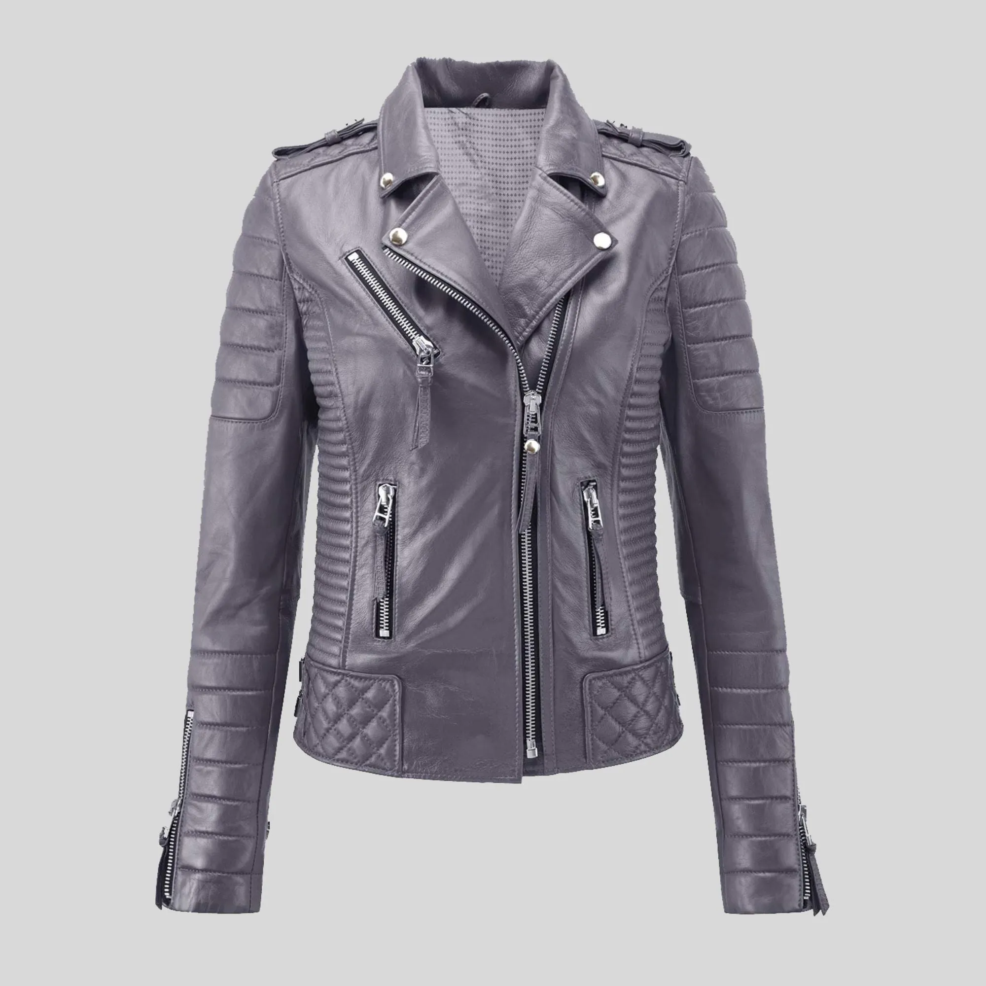 Womens Quilted padded Motorcycle Biker Genuine Leather Jacket