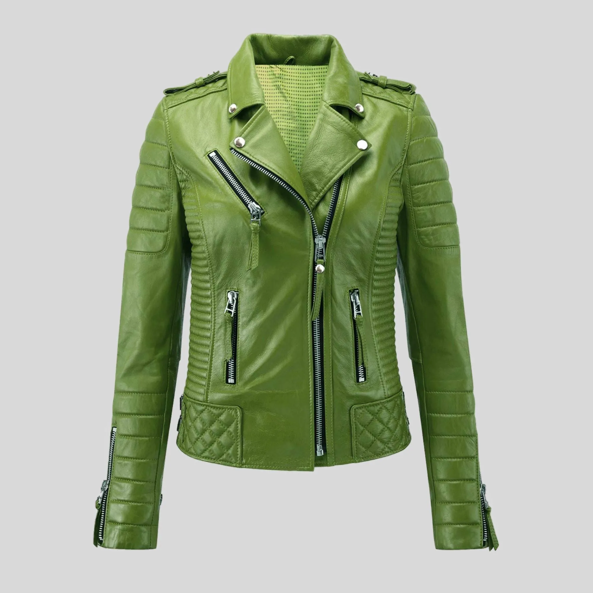 Womens Quilted padded Motorcycle Biker Genuine Leather Jacket