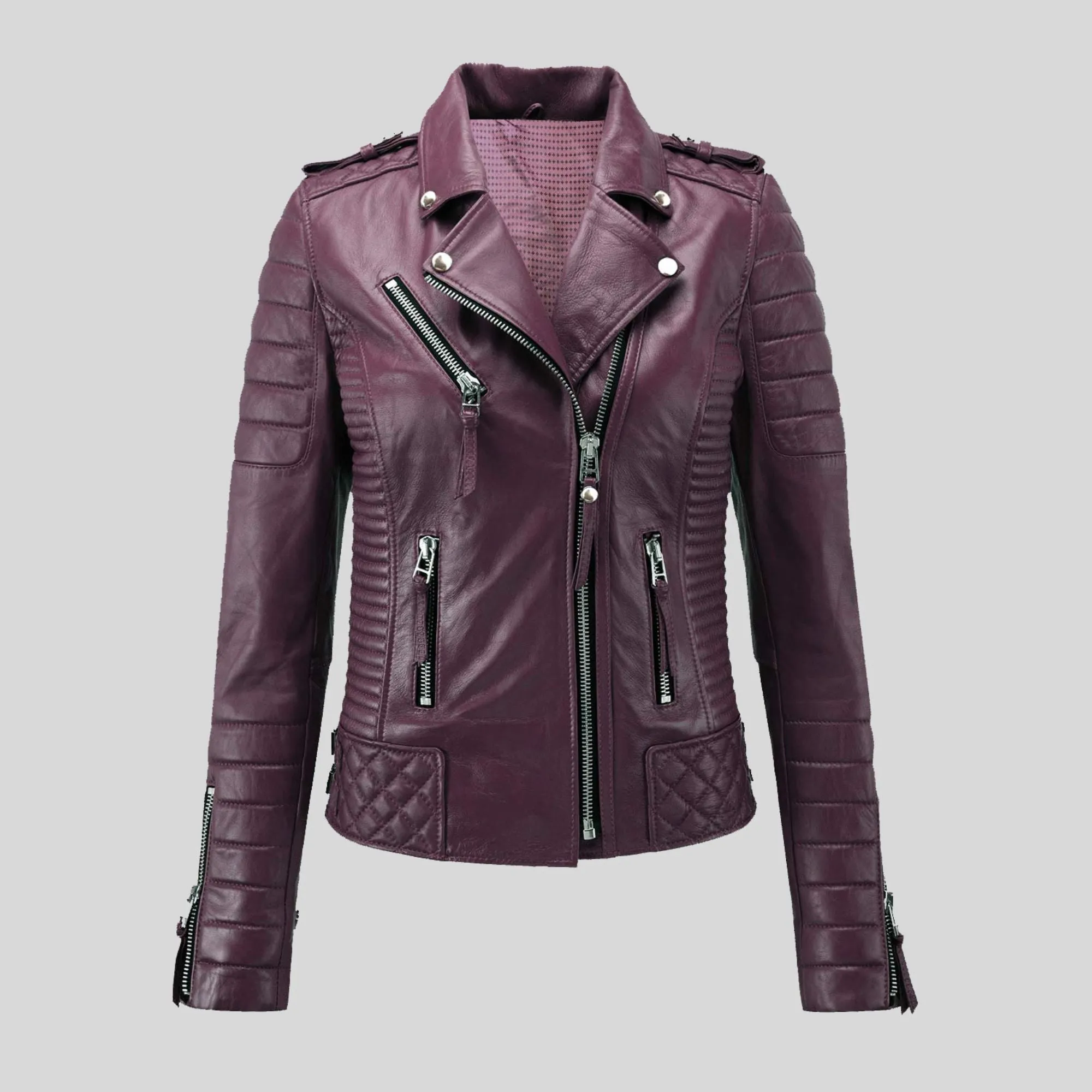 Womens Quilted padded Motorcycle Biker Genuine Leather Jacket