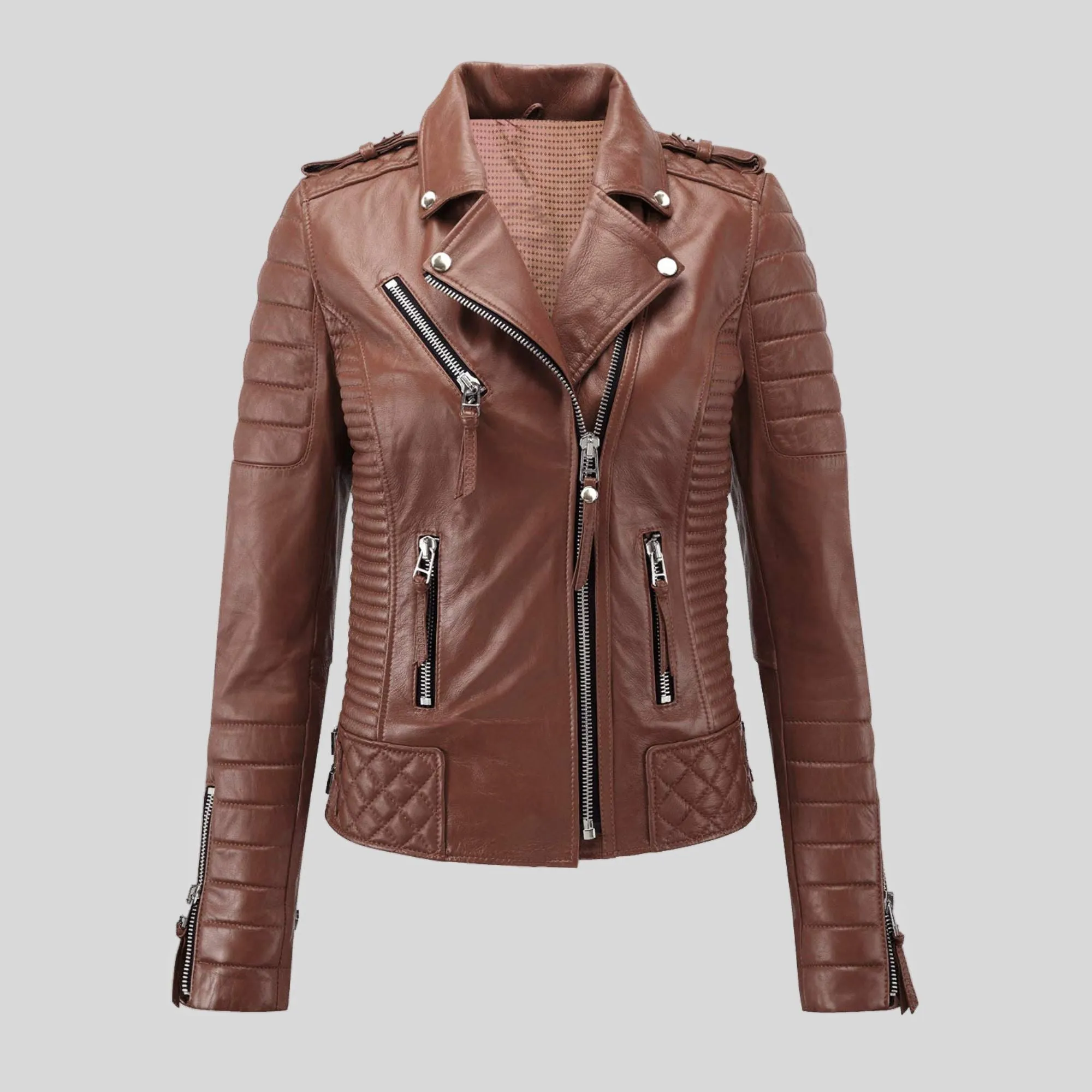 Womens Quilted padded Motorcycle Biker Genuine Leather Jacket