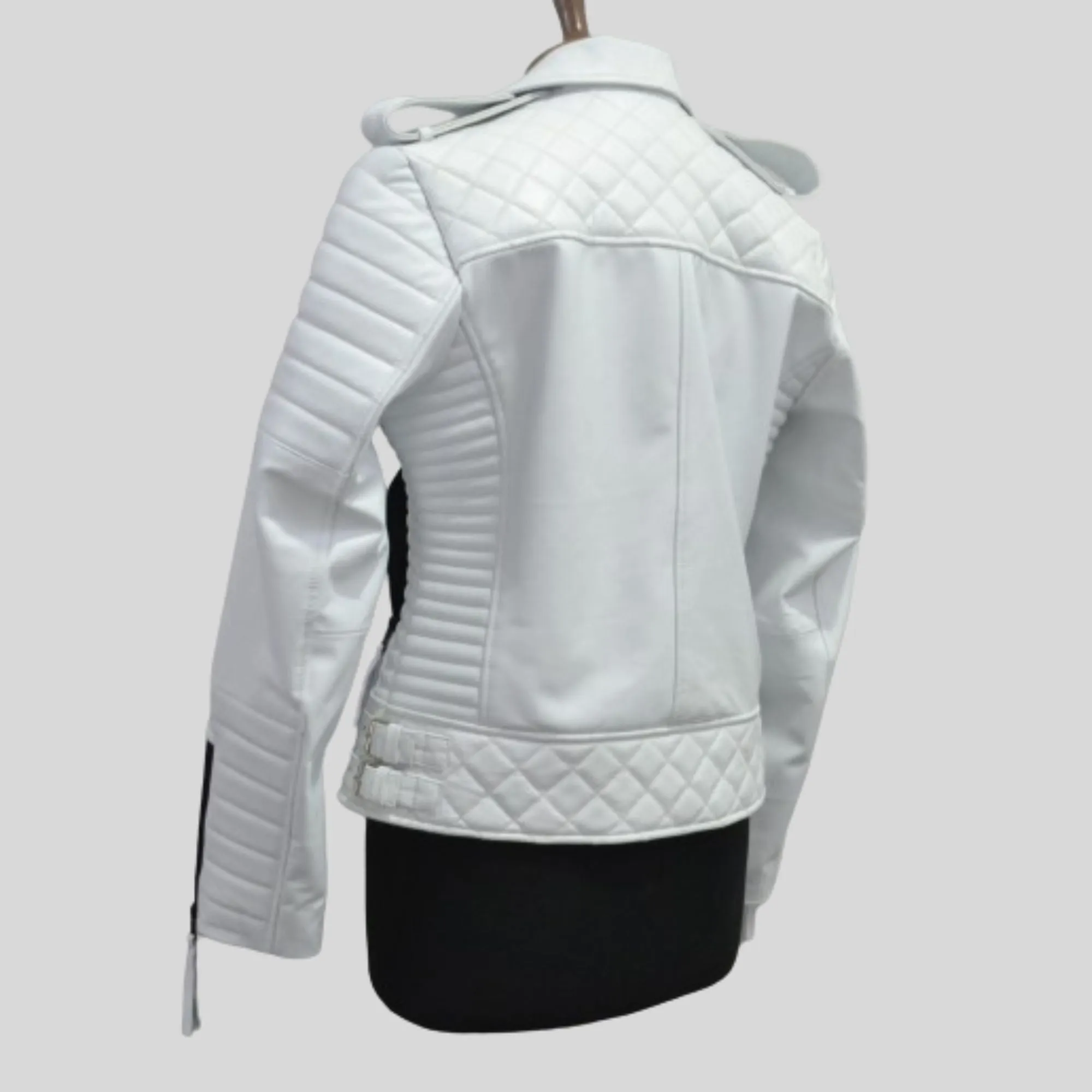 Womens White Biker Quilted Motorcycle Leather Jacket