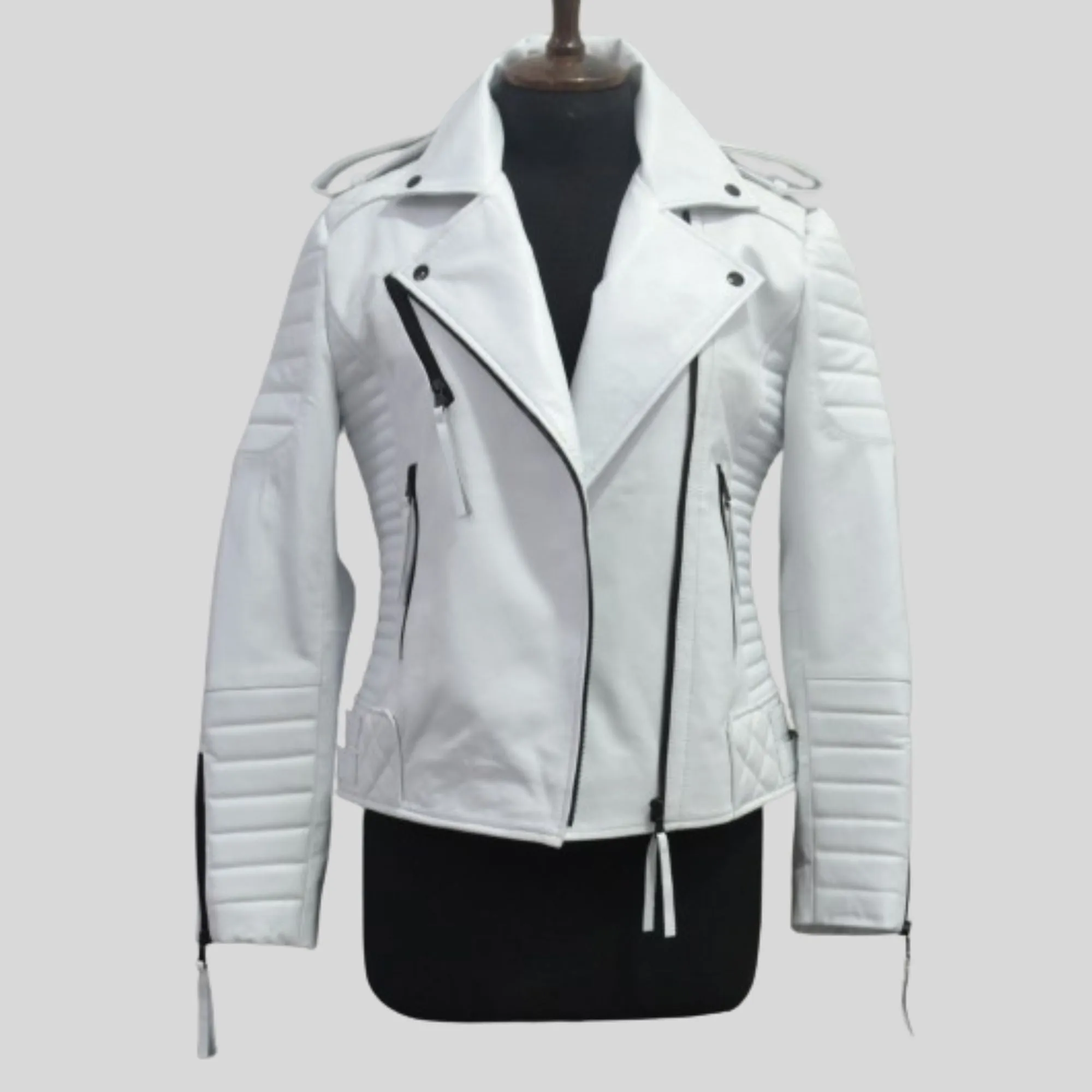 Womens White Biker Quilted Motorcycle Leather Jacket