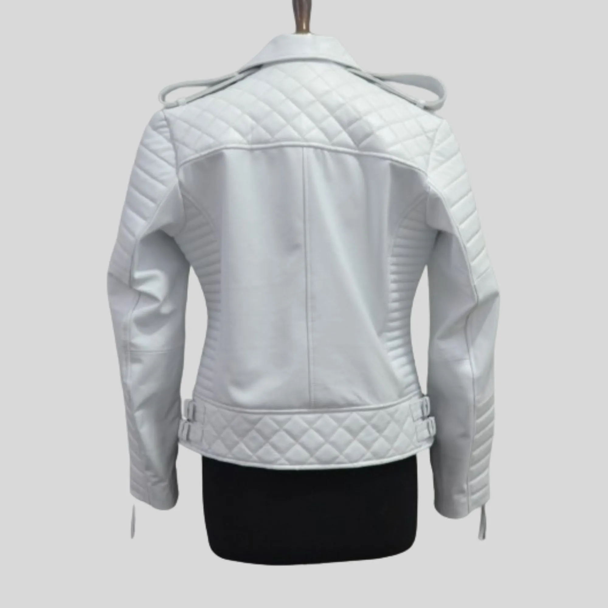 Womens White Biker Quilted Motorcycle Leather Jacket