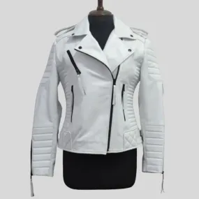 Womens White Biker Quilted Motorcycle Leather Jacket