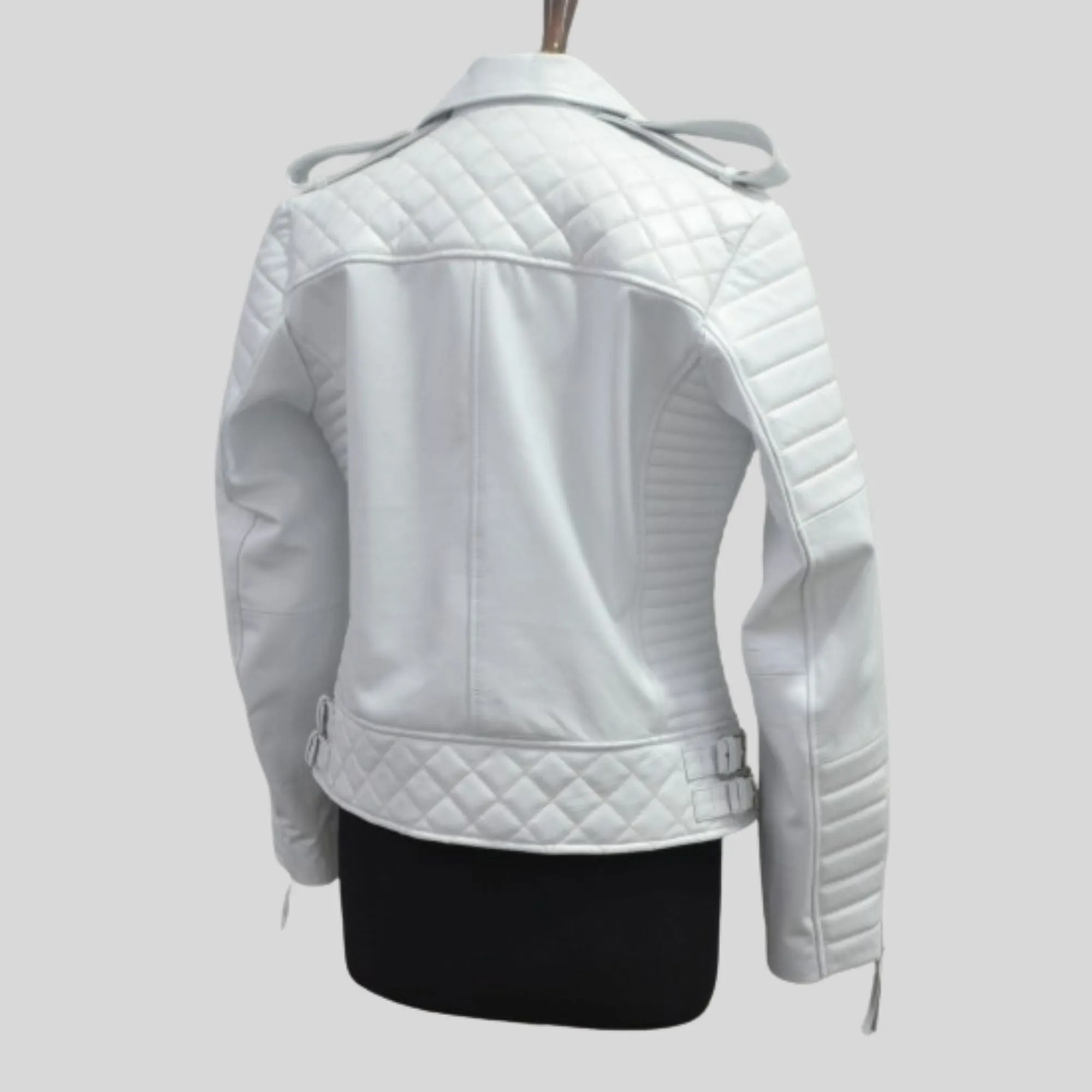 Womens White Biker Quilted Motorcycle Leather Jacket