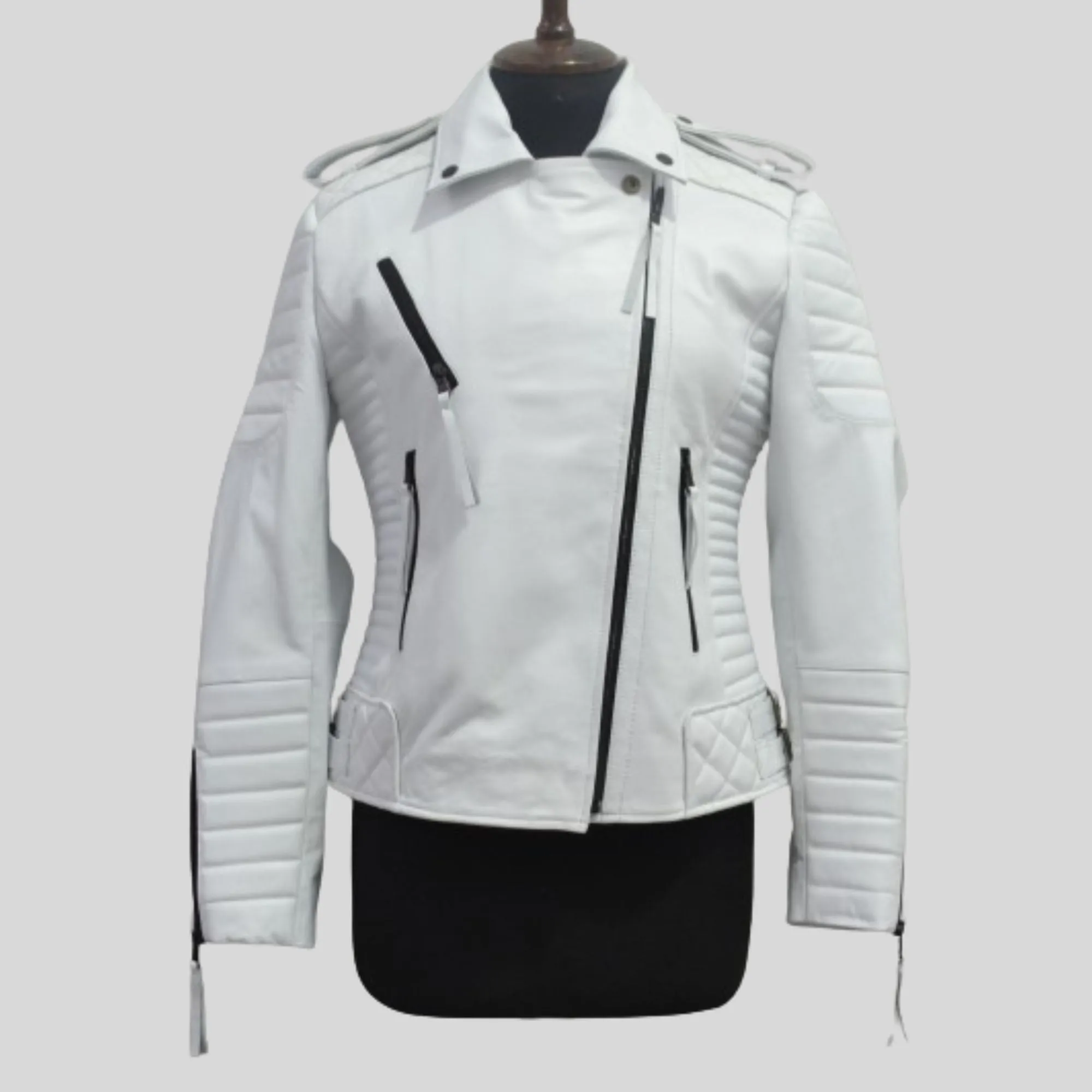 Womens White Biker Quilted Motorcycle Leather Jacket