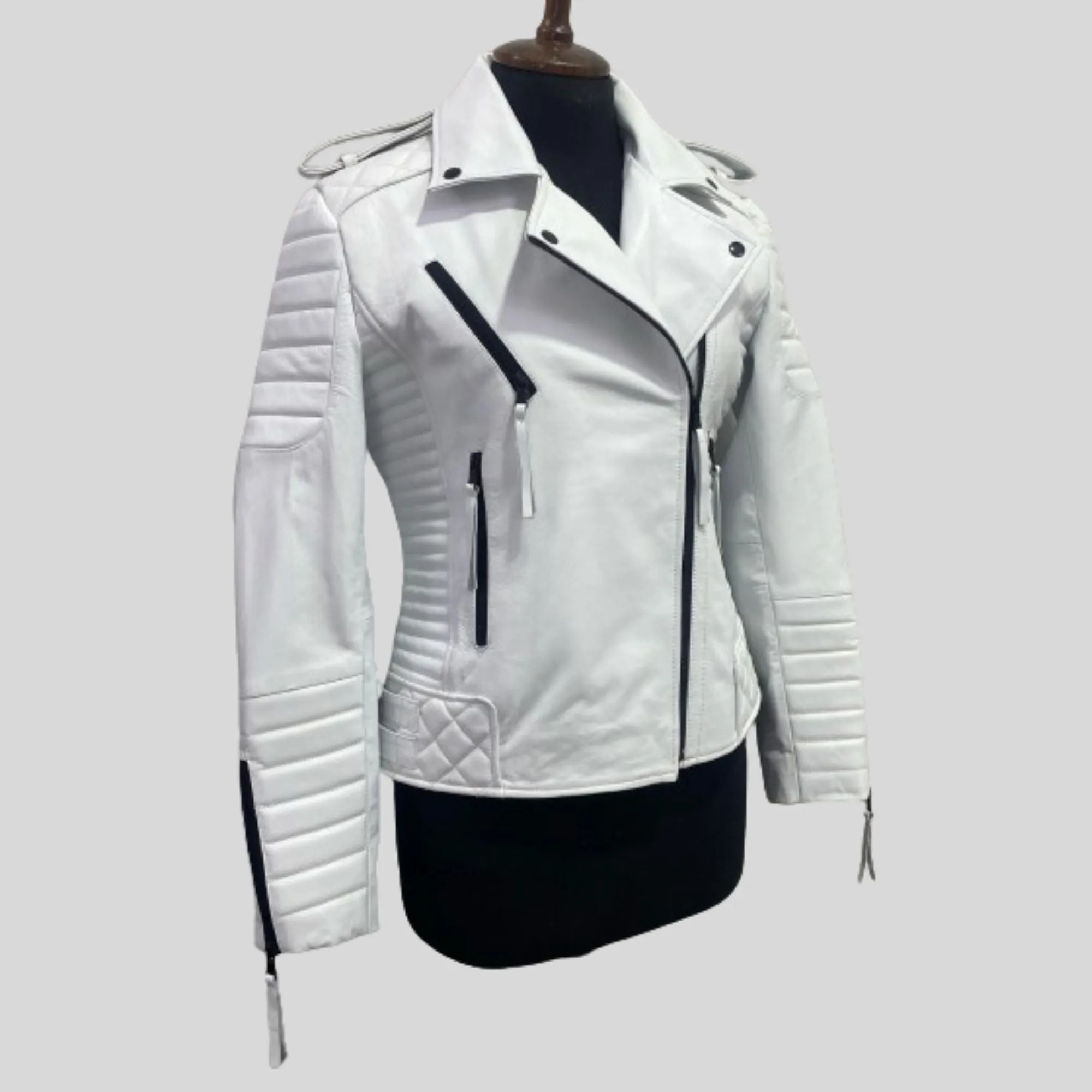 Womens White Biker Quilted Motorcycle Leather Jacket