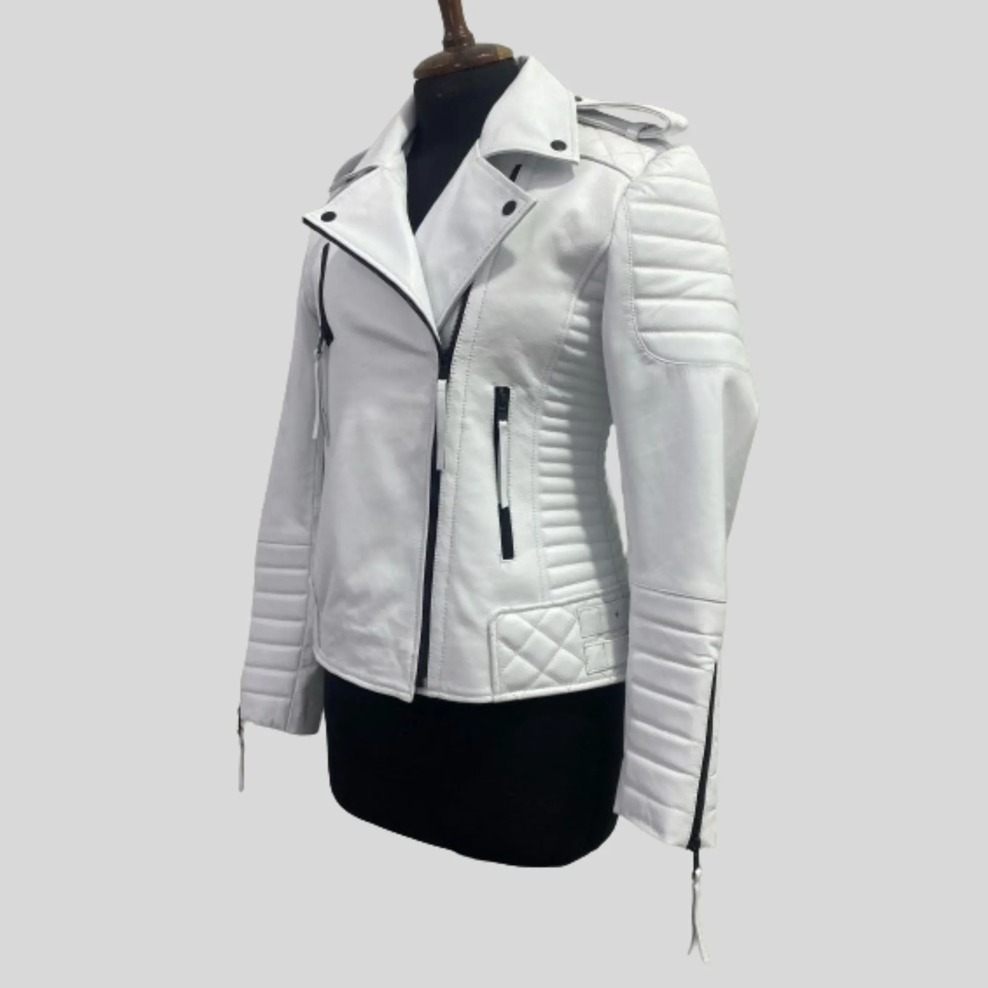 Womens White Biker Quilted Motorcycle Leather Jacket