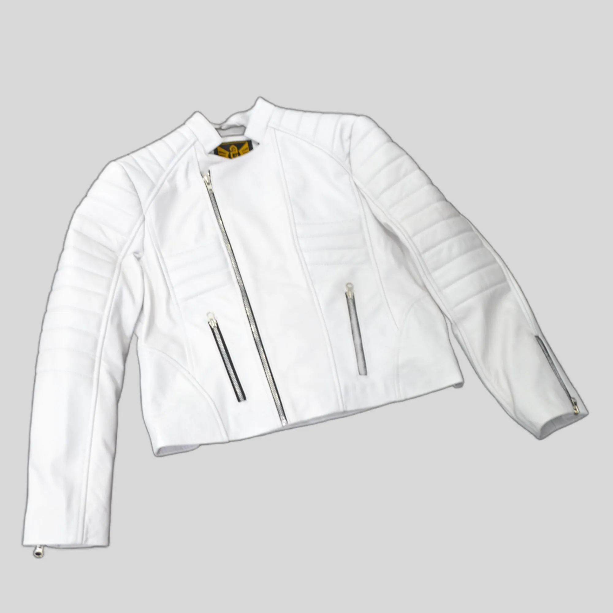 Women's White Padded Cafe Racer Genuine Leather Jacket