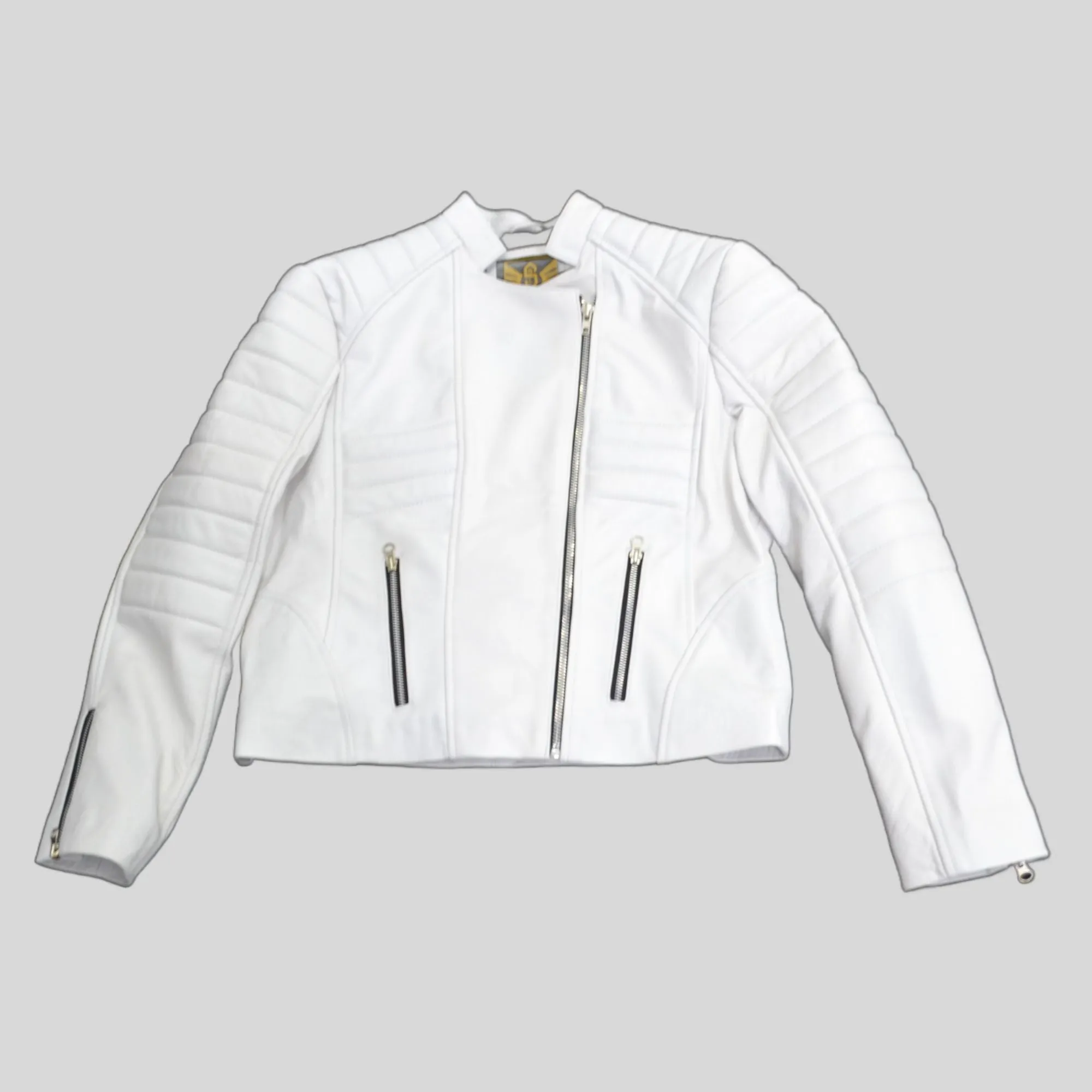 Women's White Padded Cafe Racer Genuine Leather Jacket