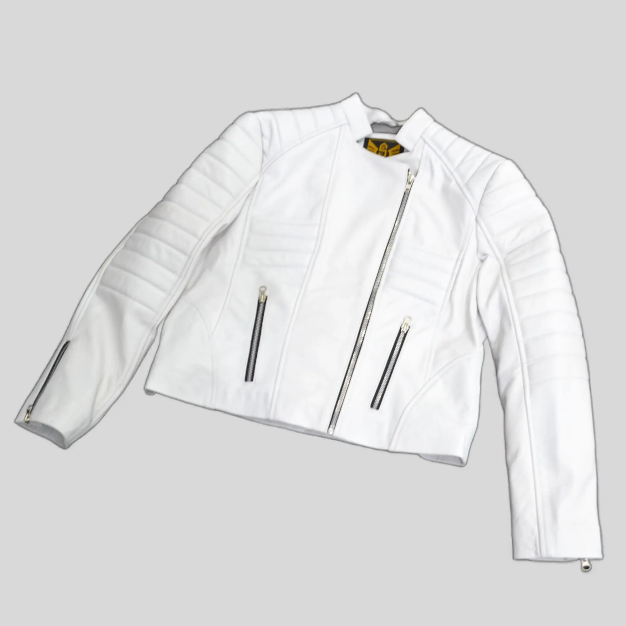 Women's White Padded Cafe Racer Genuine Leather Jacket