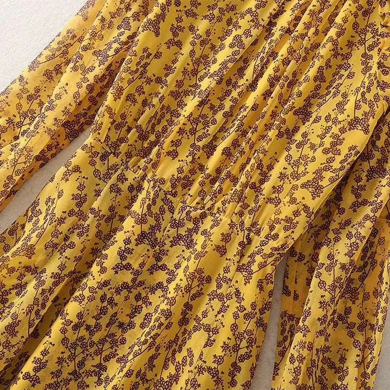 Women's Yellow Floral Print Chiffon Dress With Splits