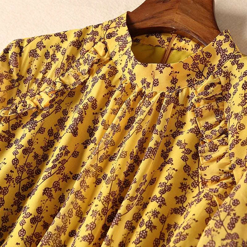 Women's Yellow Floral Print Chiffon Dress With Splits